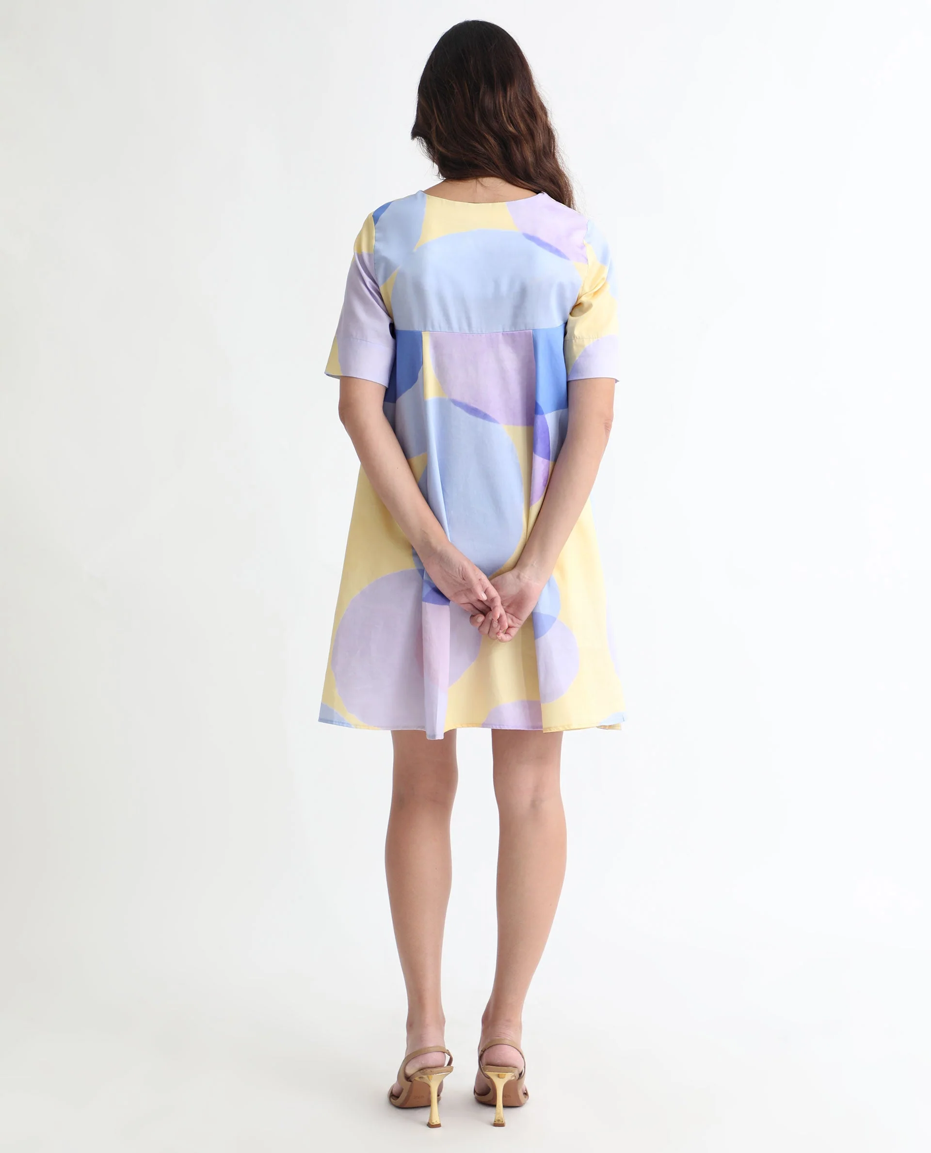 Rareism Women's Campbell Yellow Cotton Overlap Neck Abstract Print Knee Length Flared Dress - Image 12