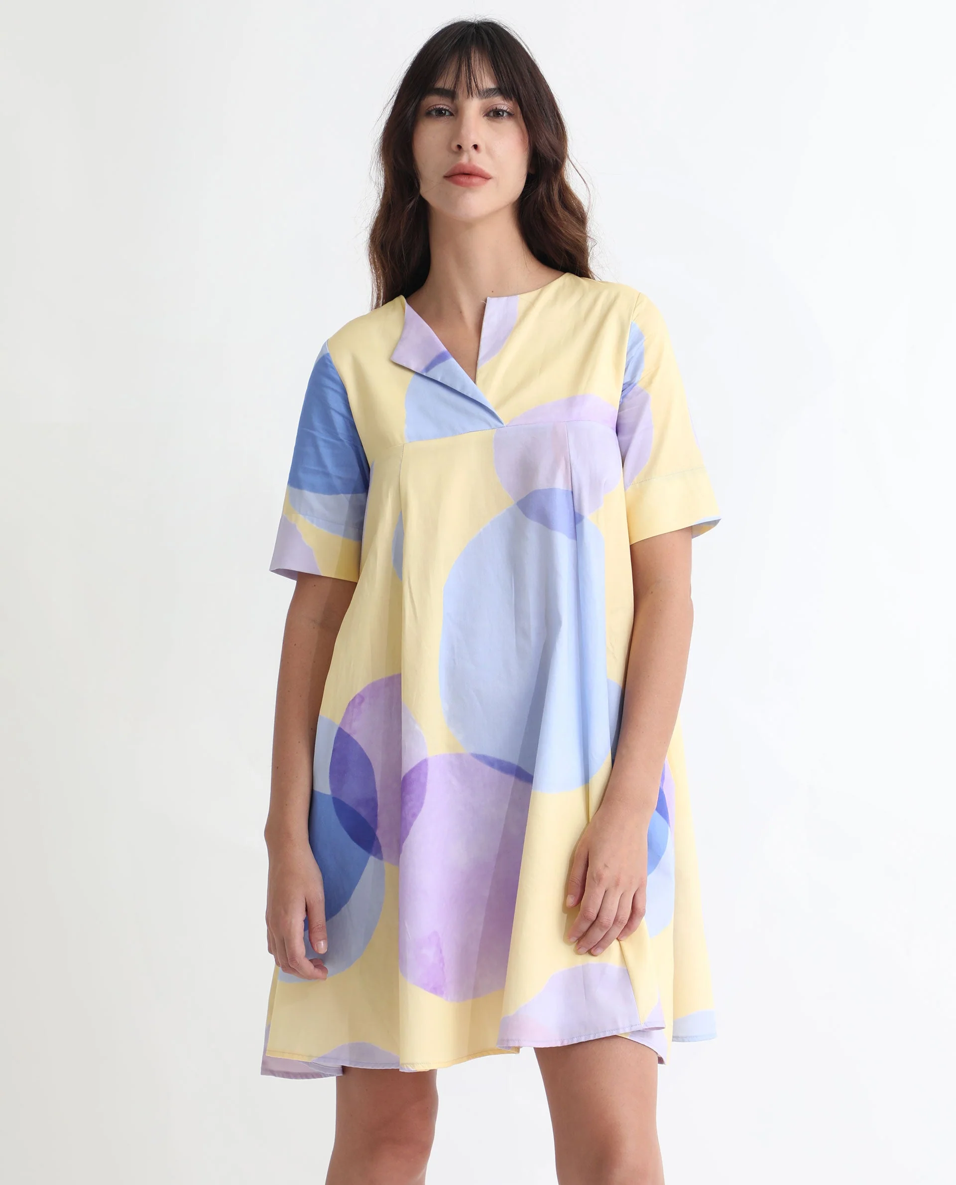 Rareism Women's Campbell Yellow Cotton Overlap Neck Abstract Print Knee Length Flared Dress - Image 3
