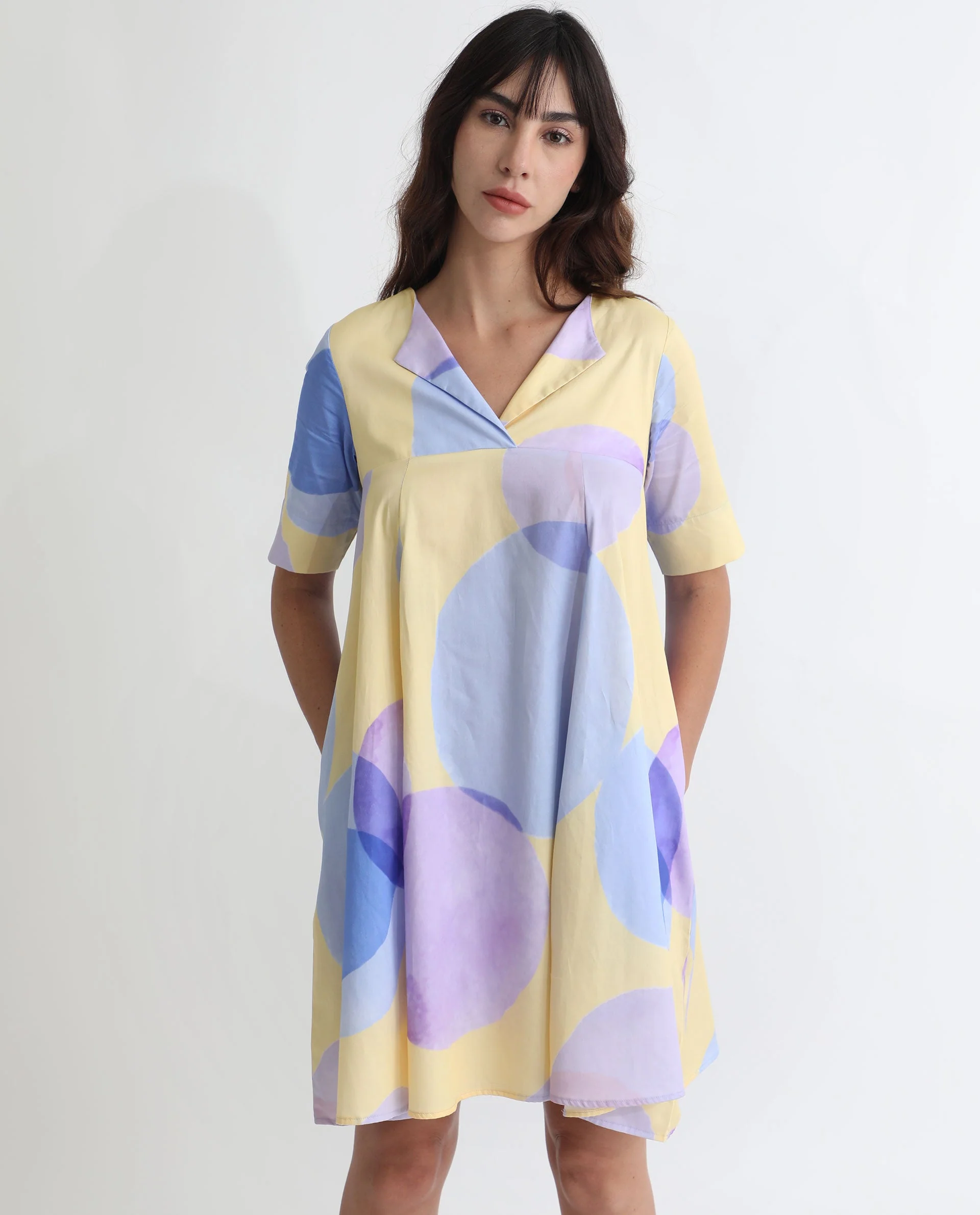 Rareism Women's Campbell Yellow Cotton Overlap Neck Abstract Print Knee Length Flared Dress - Image 4