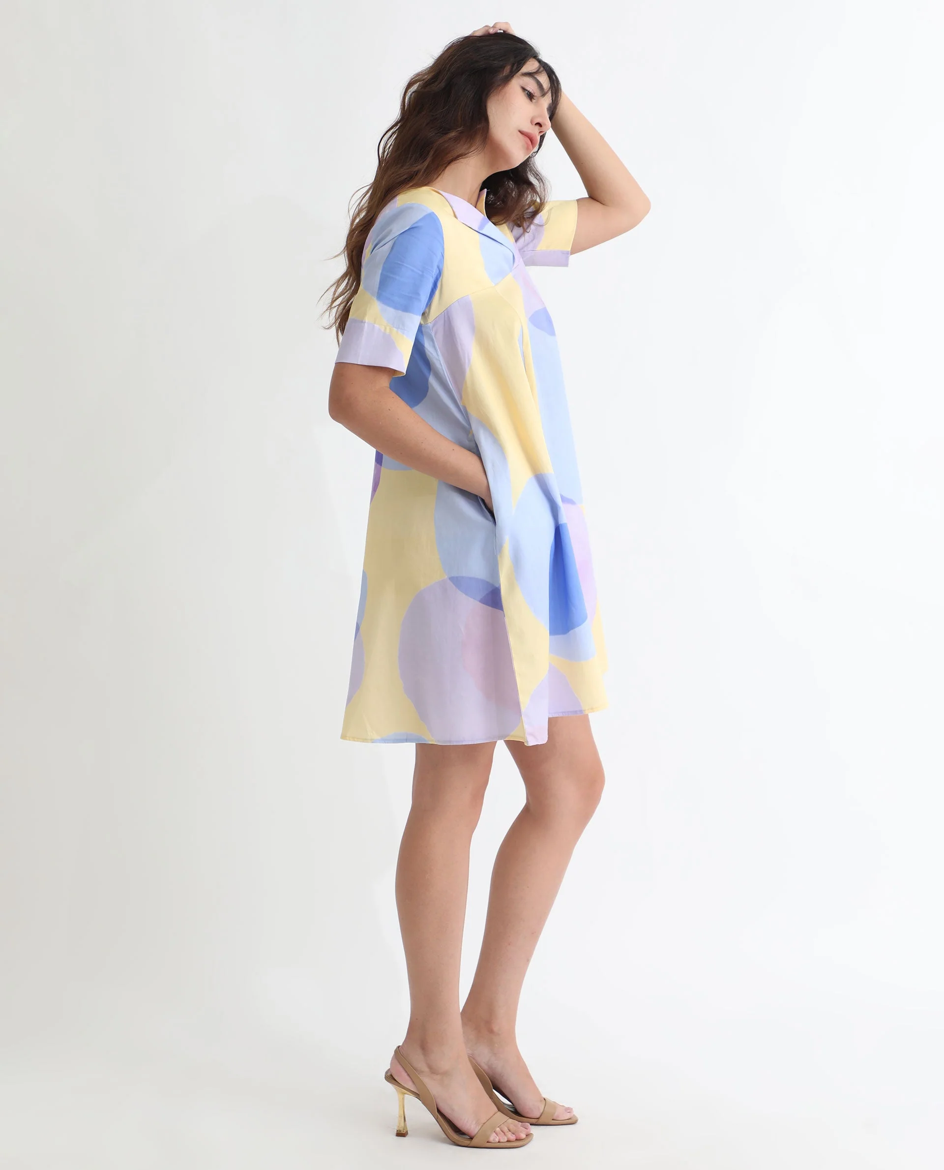 Rareism Women's Campbell Yellow Cotton Overlap Neck Abstract Print Knee Length Flared Dress - Image 5