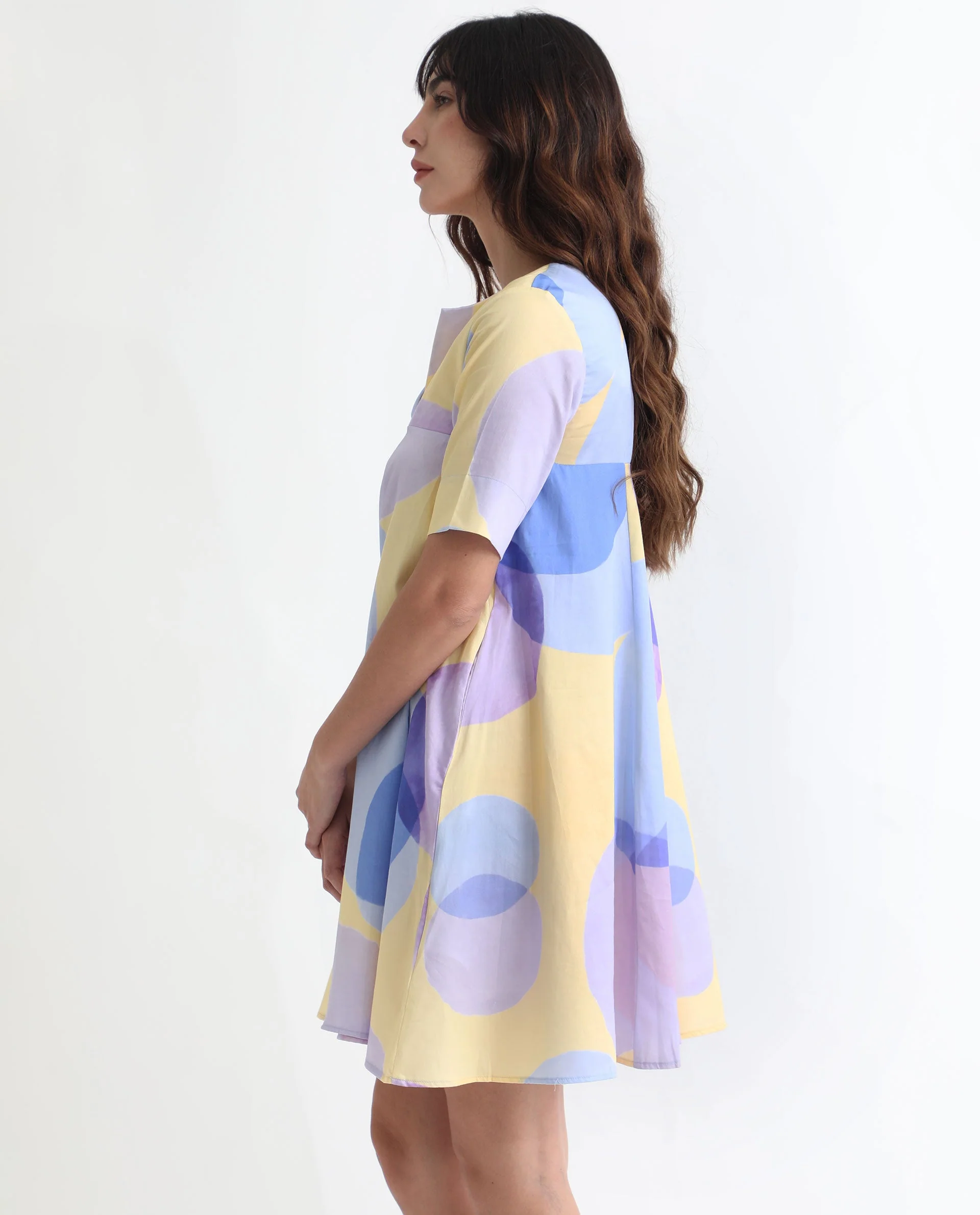 Rareism Women's Campbell Yellow Cotton Overlap Neck Abstract Print Knee Length Flared Dress - Image 6