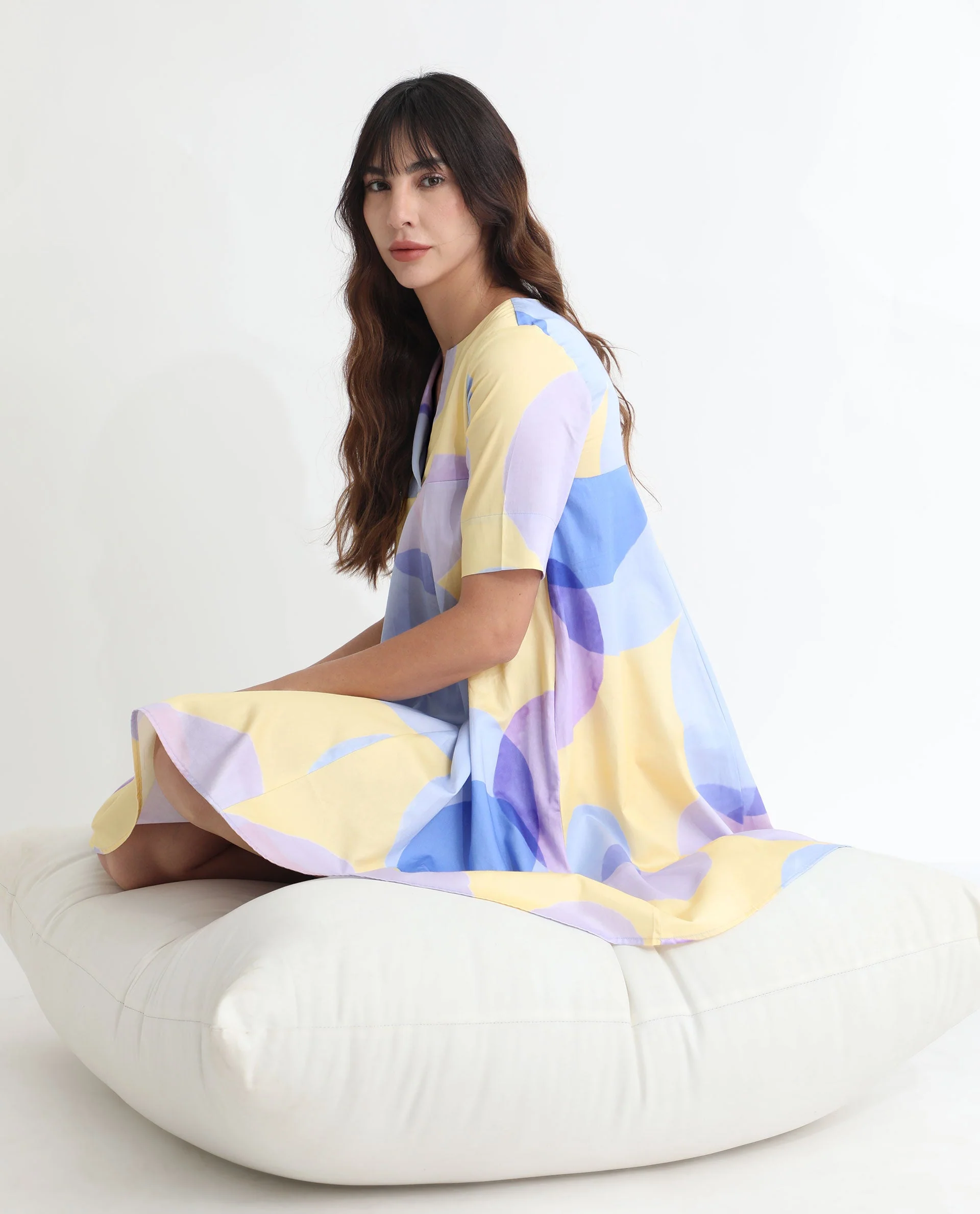 Rareism Women's Campbell Yellow Cotton Overlap Neck Abstract Print Knee Length Flared Dress - Image 7