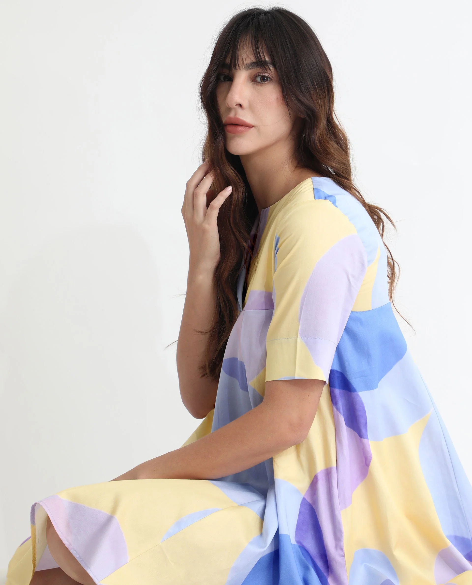 Rareism Women's Campbell Yellow Cotton Overlap Neck Abstract Print Knee Length Flared Dress - Image 8