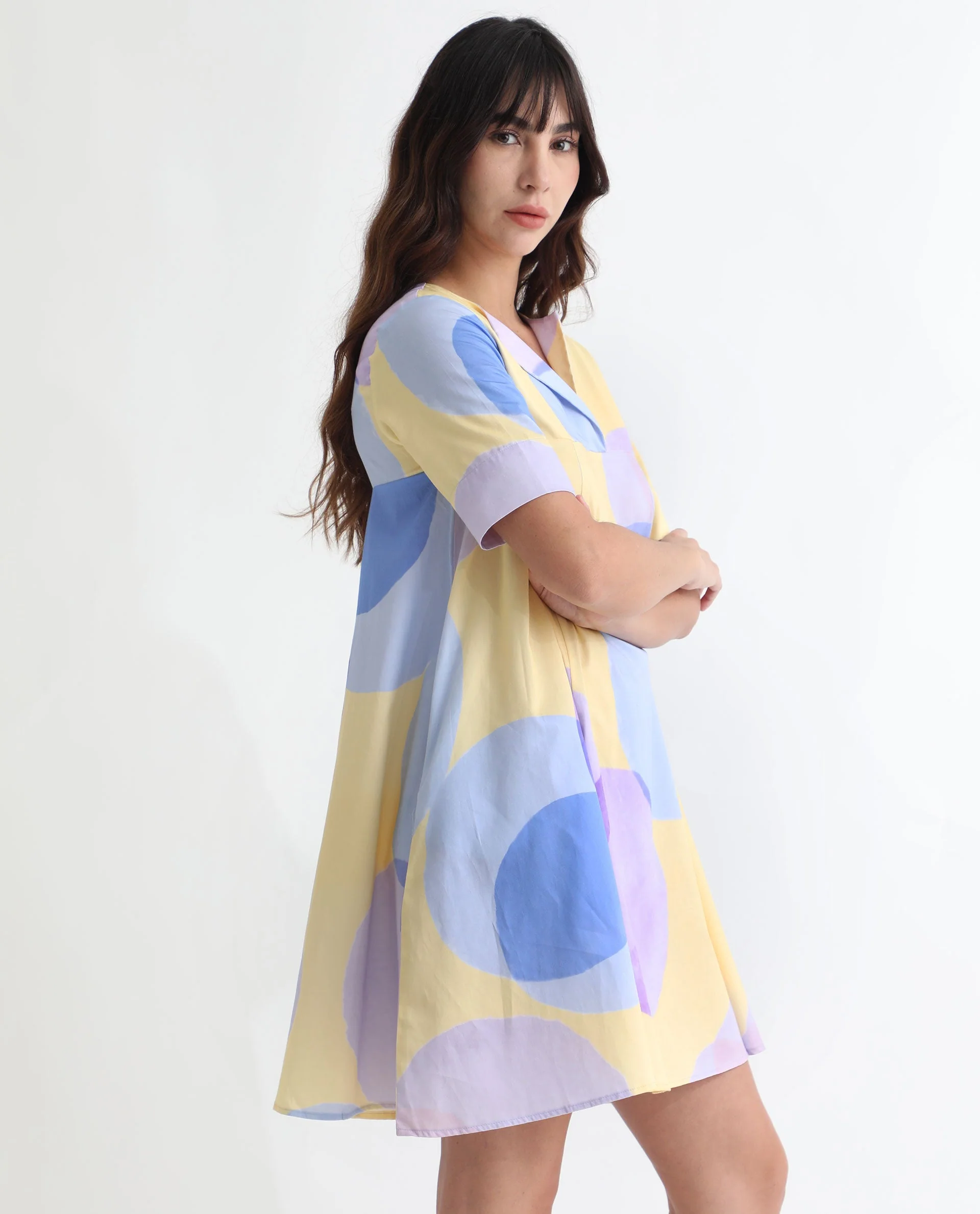Rareism Women's Campbell Yellow Cotton Overlap Neck Abstract Print Knee Length Flared Dress - Image 9