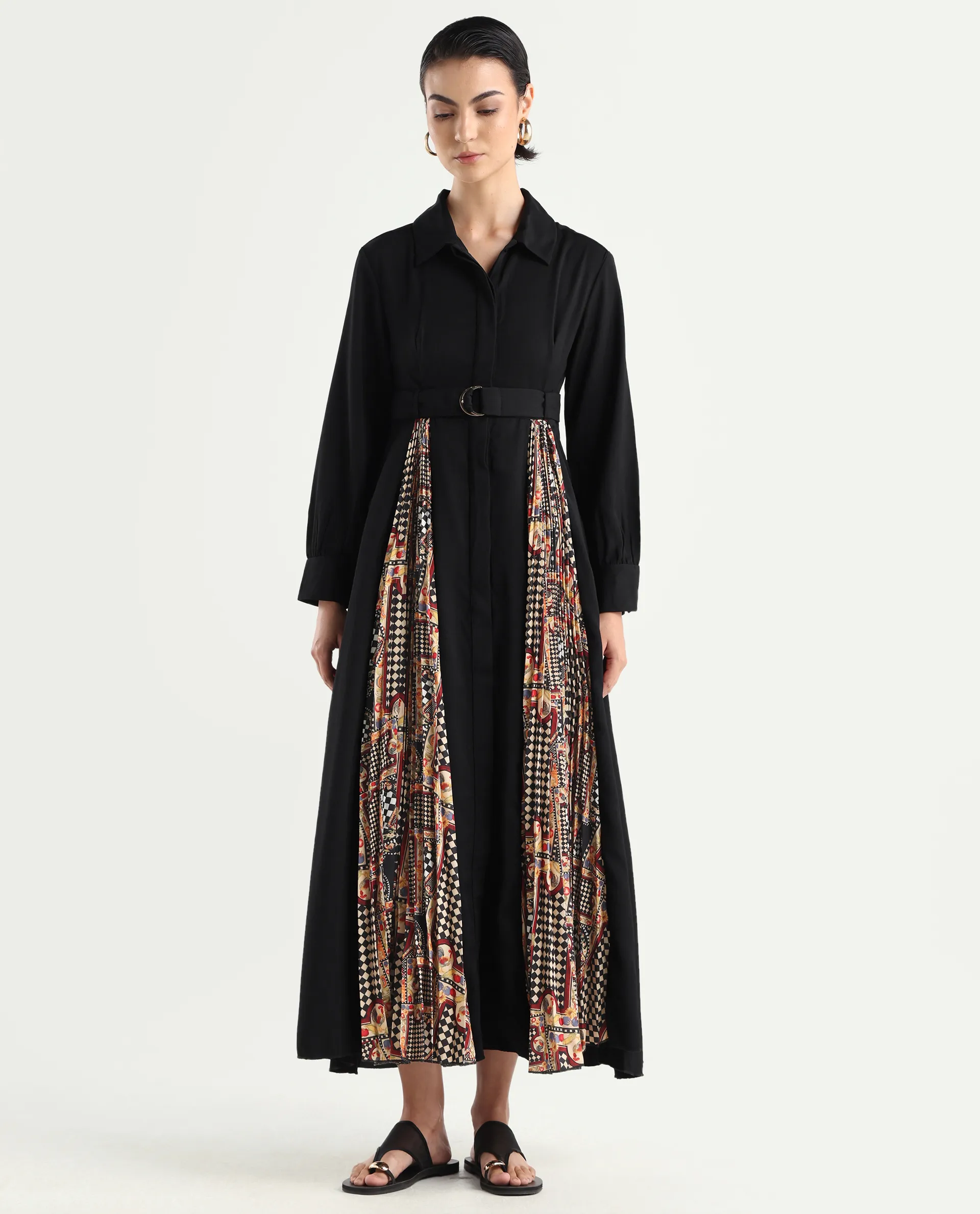 Rareism Women's Canadzor Multi Satin Drop Collar Geometric Print Bishop Sleeve Maxi Flared Dress - Image 2