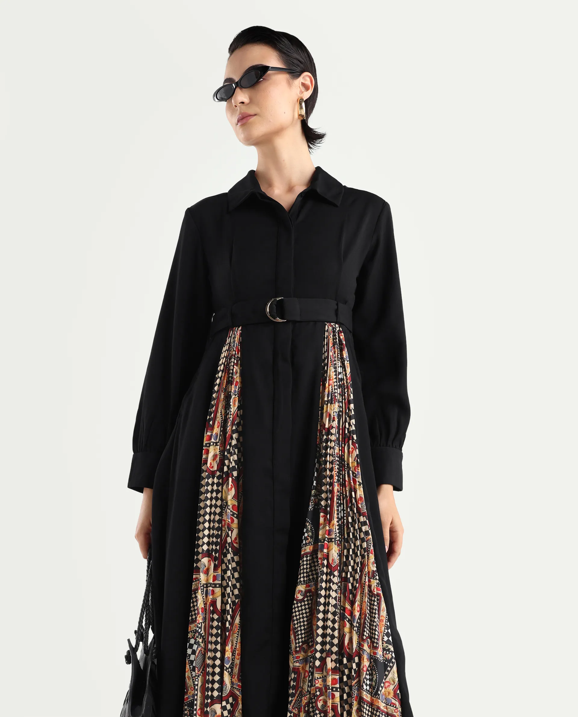 Rareism Women's Canadzor Multi Satin Drop Collar Geometric Print Bishop Sleeve Maxi Flared Dress - Image 4