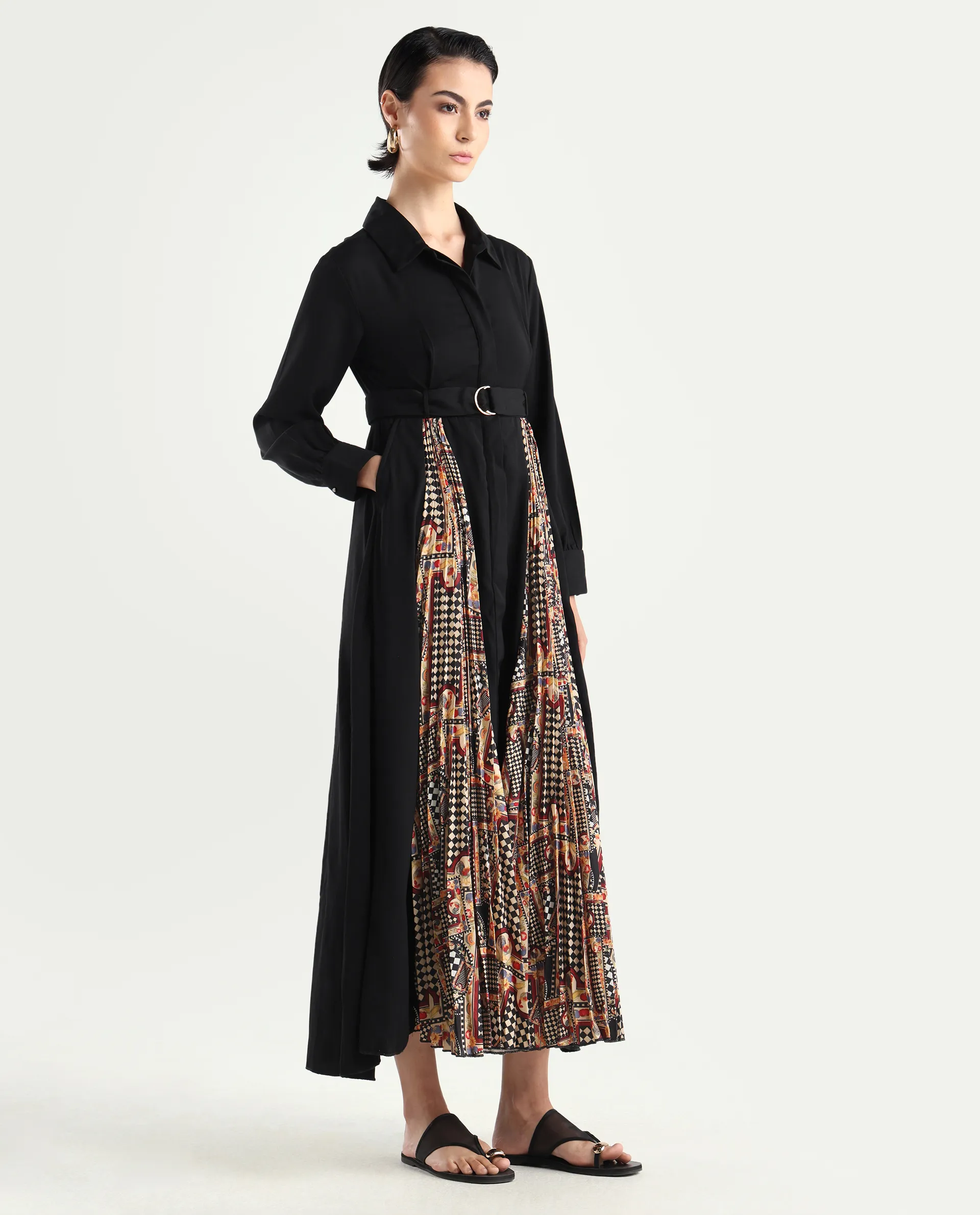 Rareism Women's Canadzor Multi Satin Drop Collar Geometric Print Bishop Sleeve Maxi Flared Dress - Image 5