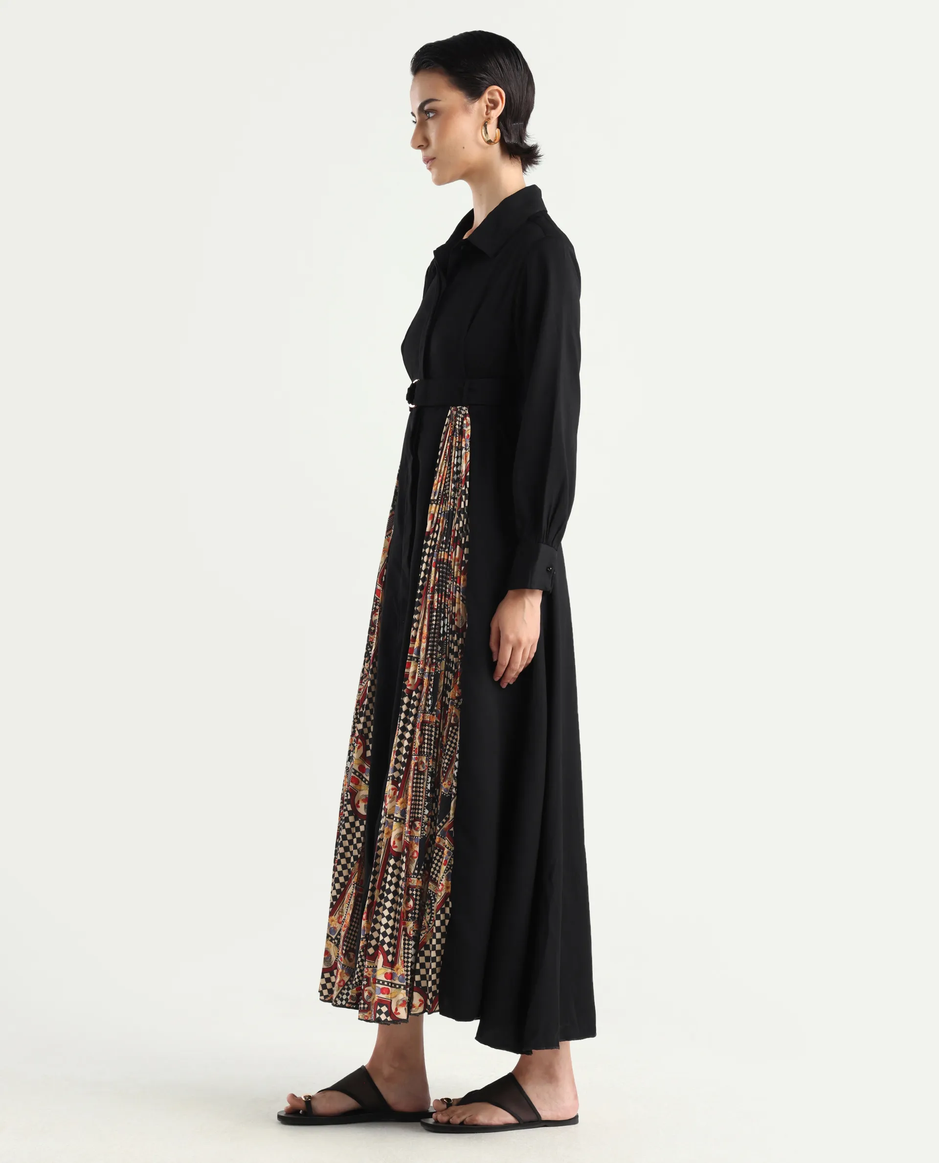 Rareism Women's Canadzor Multi Satin Drop Collar Geometric Print Bishop Sleeve Maxi Flared Dress - Image 6