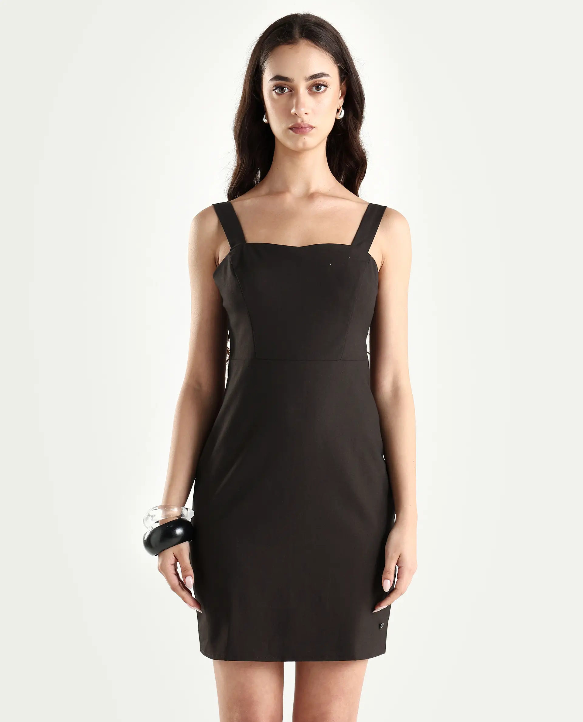 Rareism Women's Canakkale Brown Polyester Blend Sweetheart Neck Plain Sleeveless Mini Straight Fit Dress - Image 3