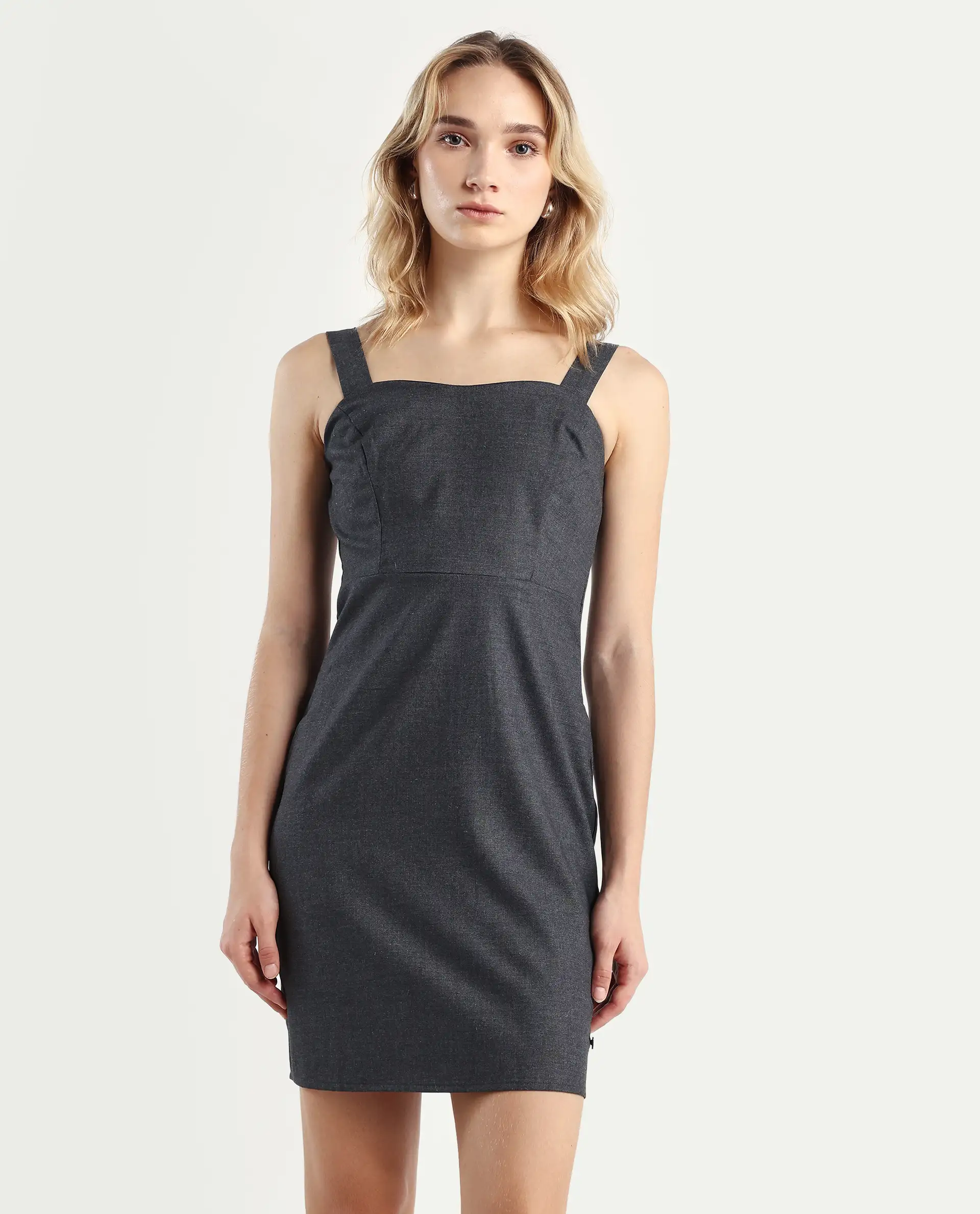Rareism Women's Canakkale Grey Cotton Blend Sweetheart Neck Plain Sleeveless Mini Straight Fit Dress - Image 3