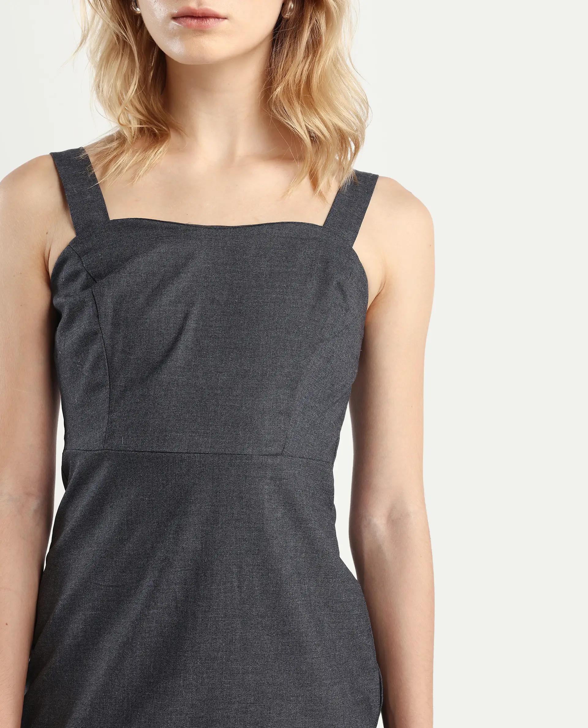 Rareism Women's Canakkale Grey Cotton Blend Sweetheart Neck Plain Sleeveless Mini Straight Fit Dress - Image 4