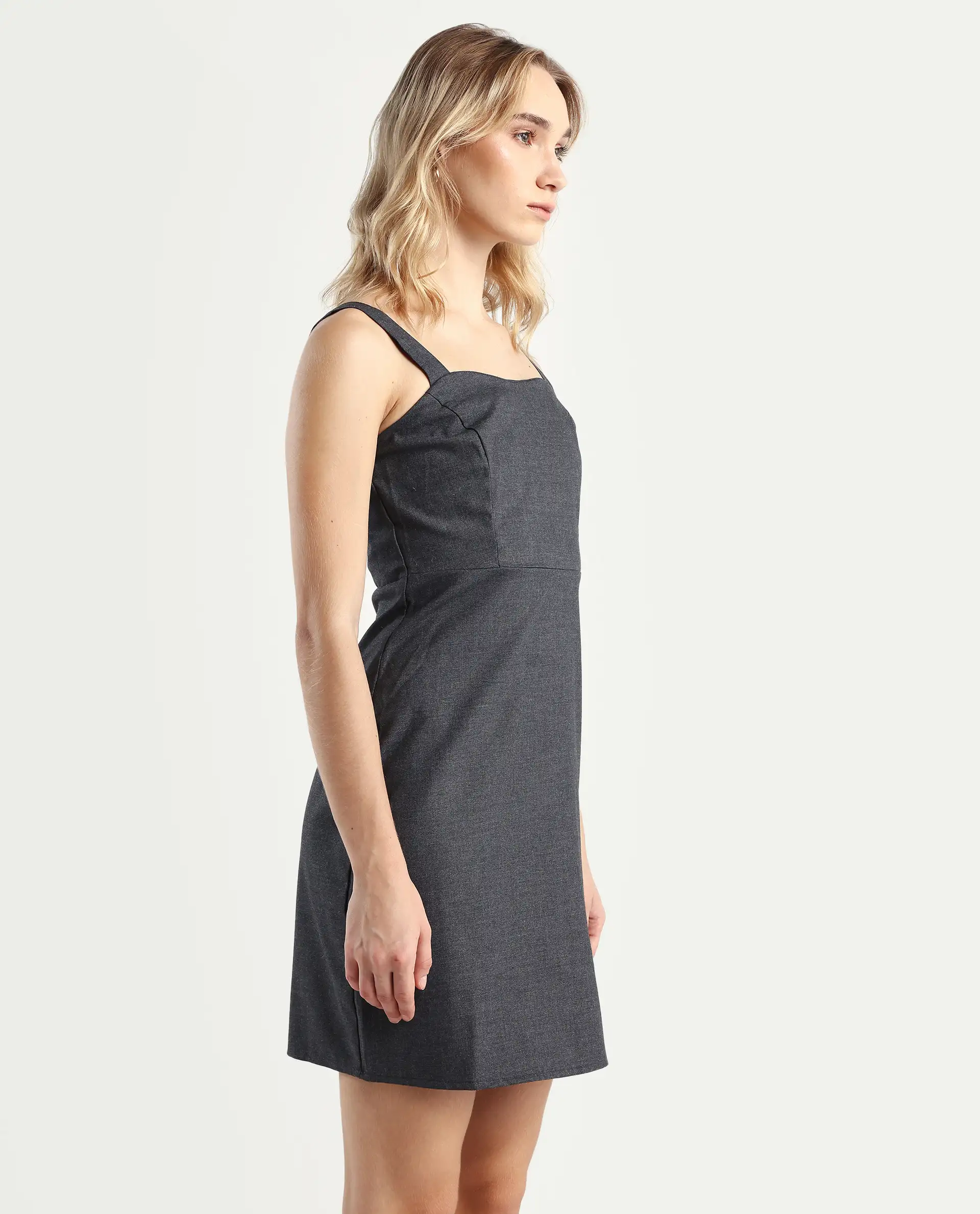 Rareism Women's Canakkale Grey Cotton Blend Sweetheart Neck Plain Sleeveless Mini Straight Fit Dress - Image 6