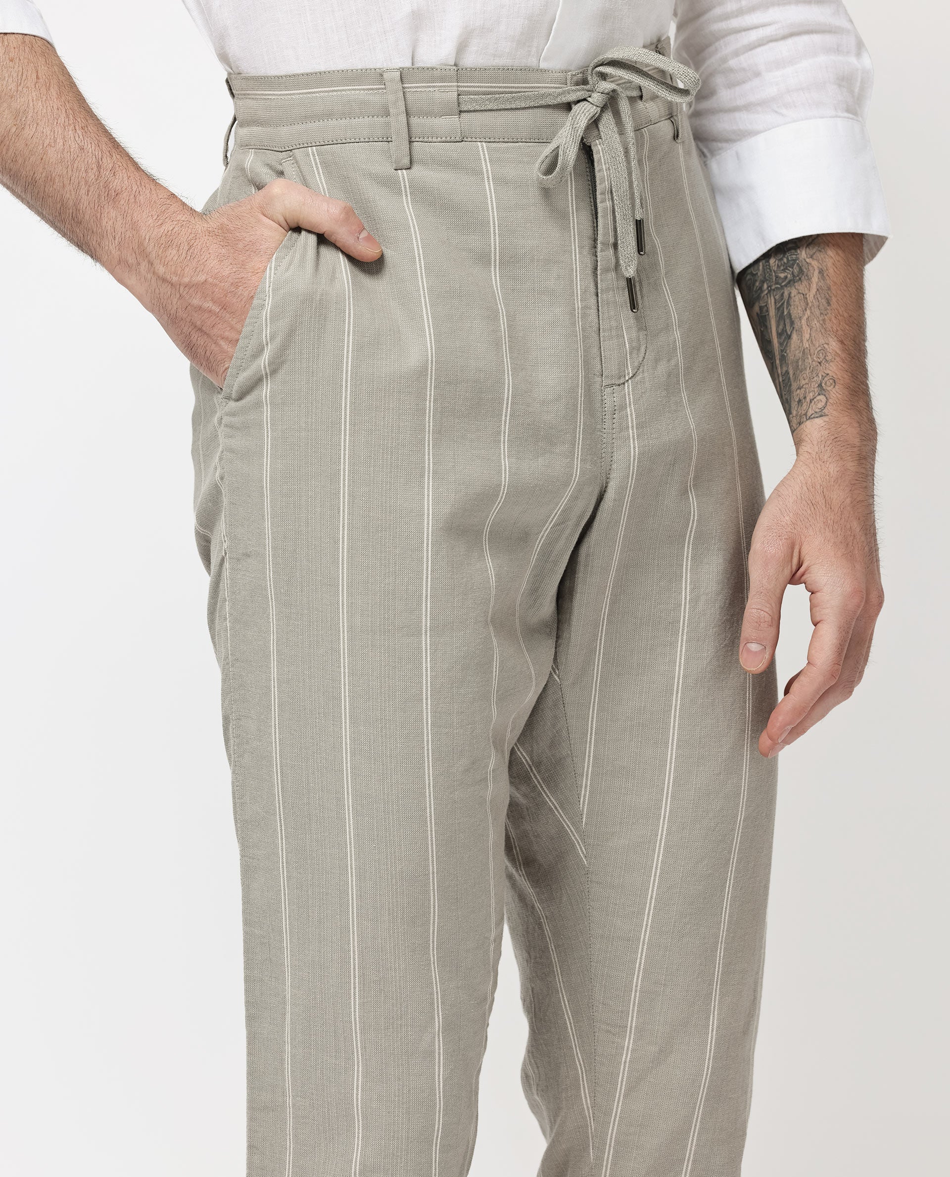 Rare Rabbit Men's Canal Grey Cotton Striped Print Regular Fit Trouser - Image 5