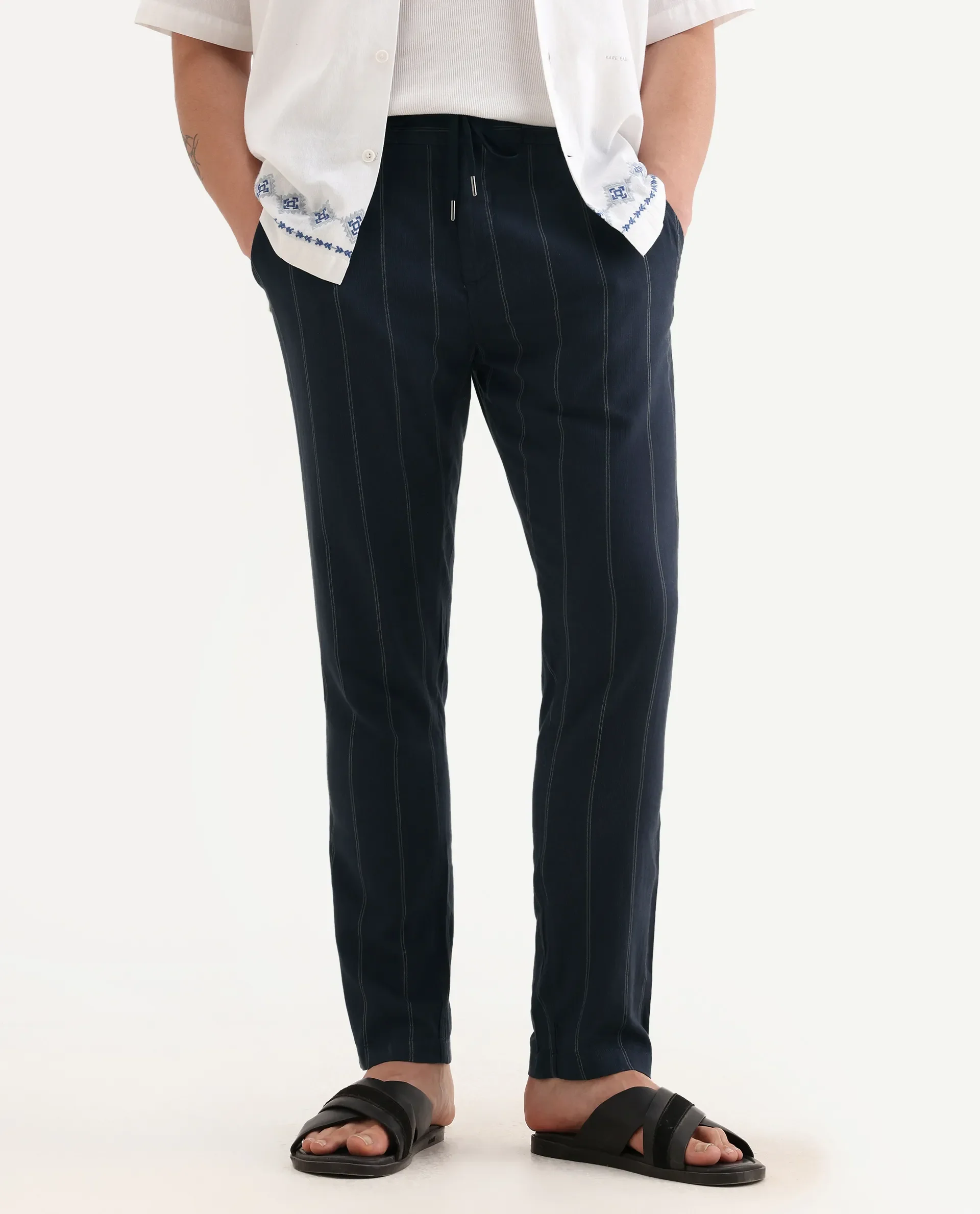 Rare Rabbit Men's Canal Navy Cotton Striped Print Regular Fit Trouser - Image 2