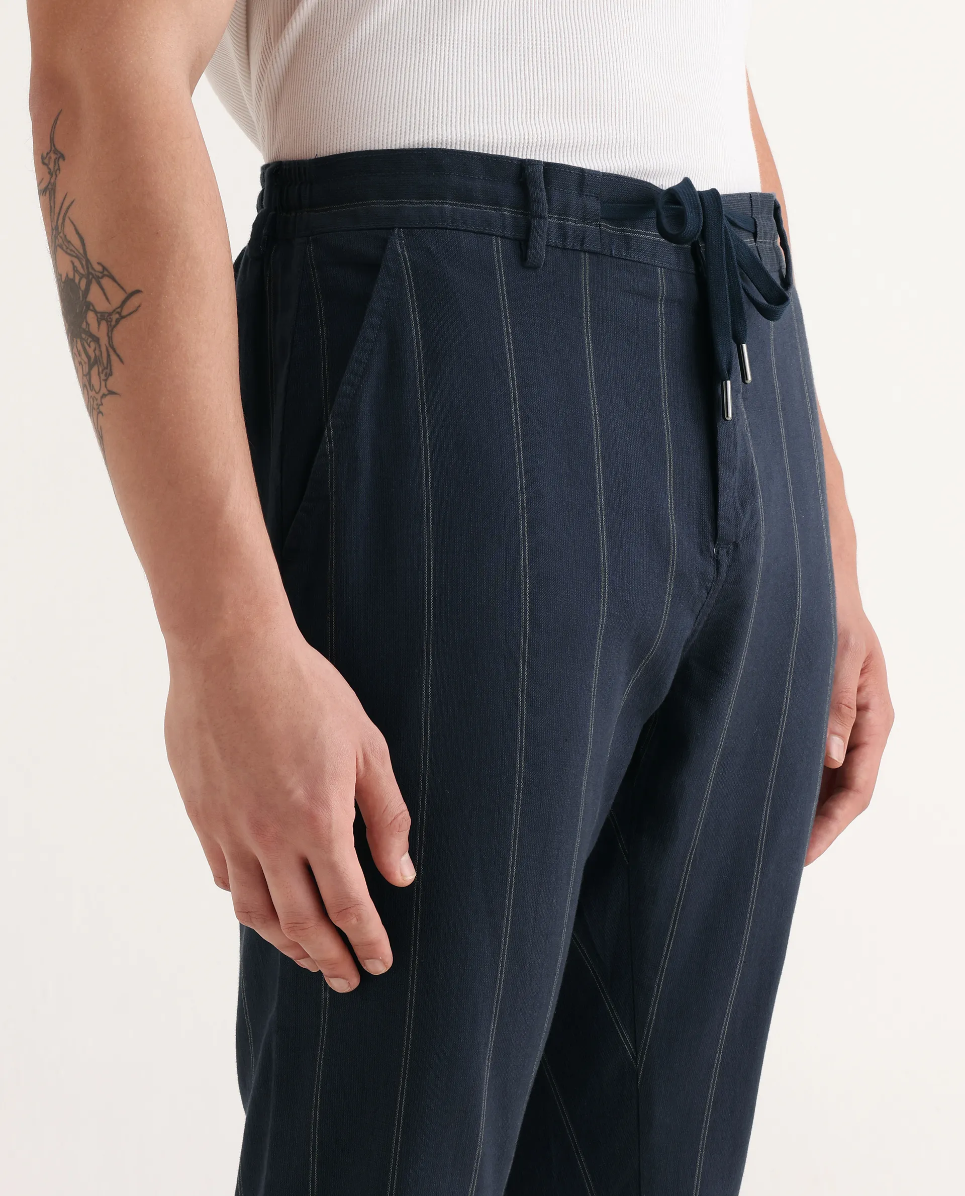Rare Rabbit Men's Canal Navy Cotton Striped Print Regular Fit Trouser - Image 3