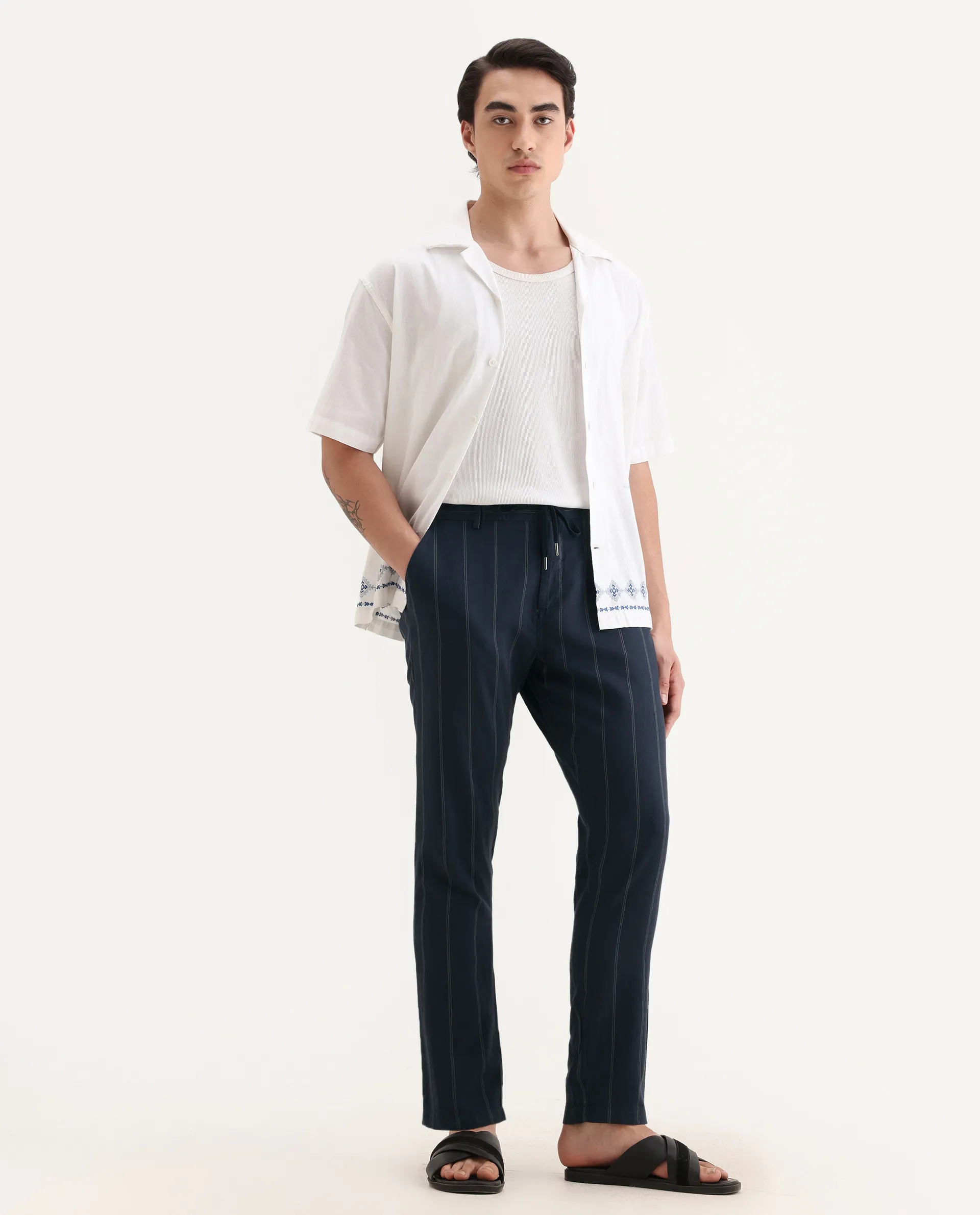 Rare Rabbit Men's Canal Navy Cotton Striped Print Regular Fit Trouser - Image 4
