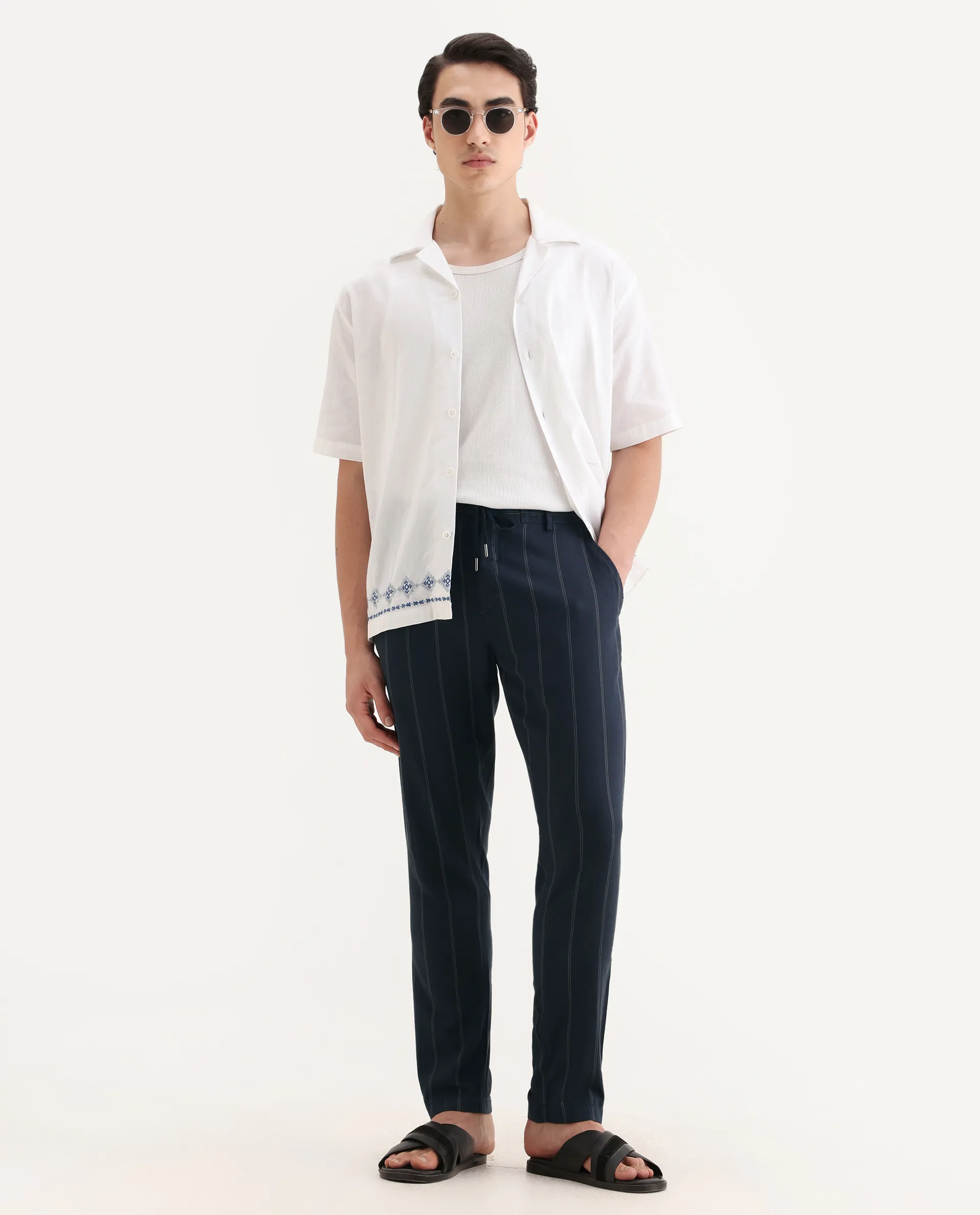 Rare Rabbit Men's Canal Navy Cotton Striped Print Regular Fit Trouser - Image 5