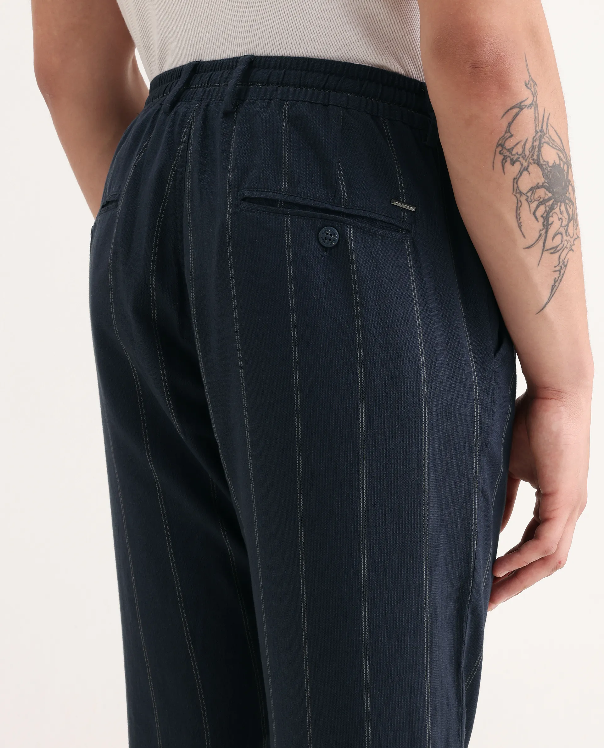 Rare Rabbit Men's Canal Navy Cotton Striped Print Regular Fit Trouser - Image 6