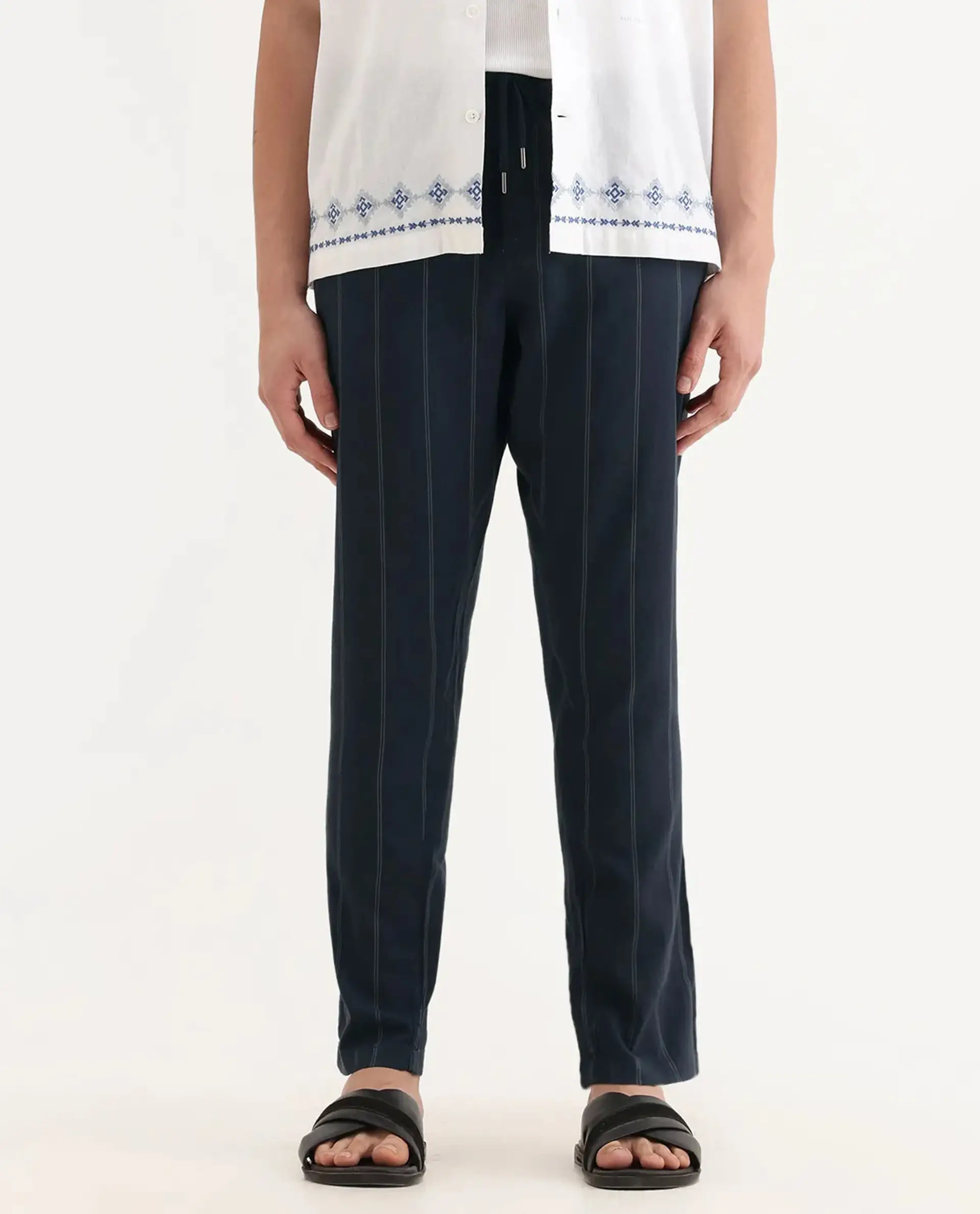 Rare Rabbit Men's Canal Navy Cotton Striped Print Regular Fit Trouser - Image 9