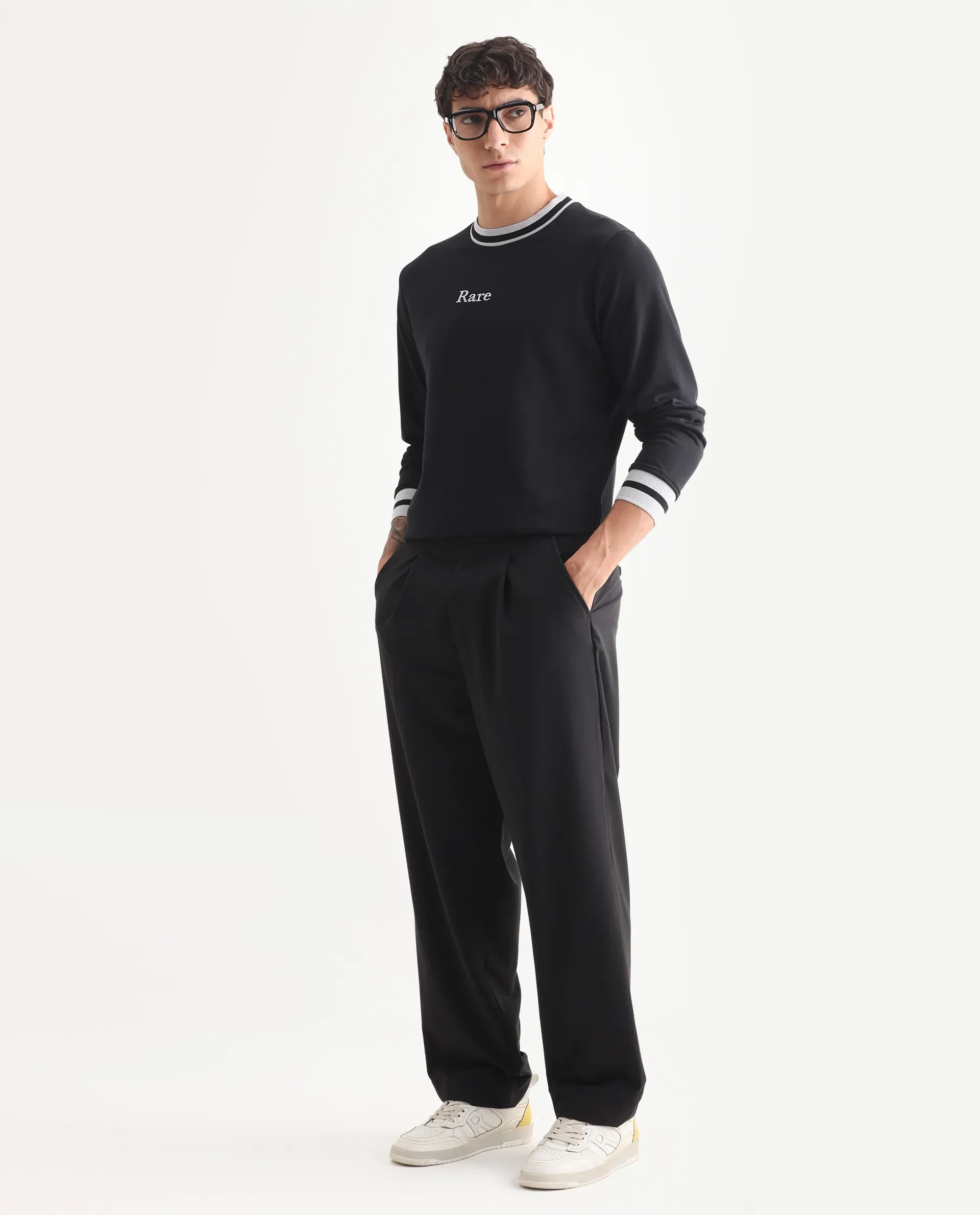 Rare Rabbit Men's Cancet Black Cotton Plain Regular Fit Full Sleeve Crew Neck Sweatshirt - Image 2