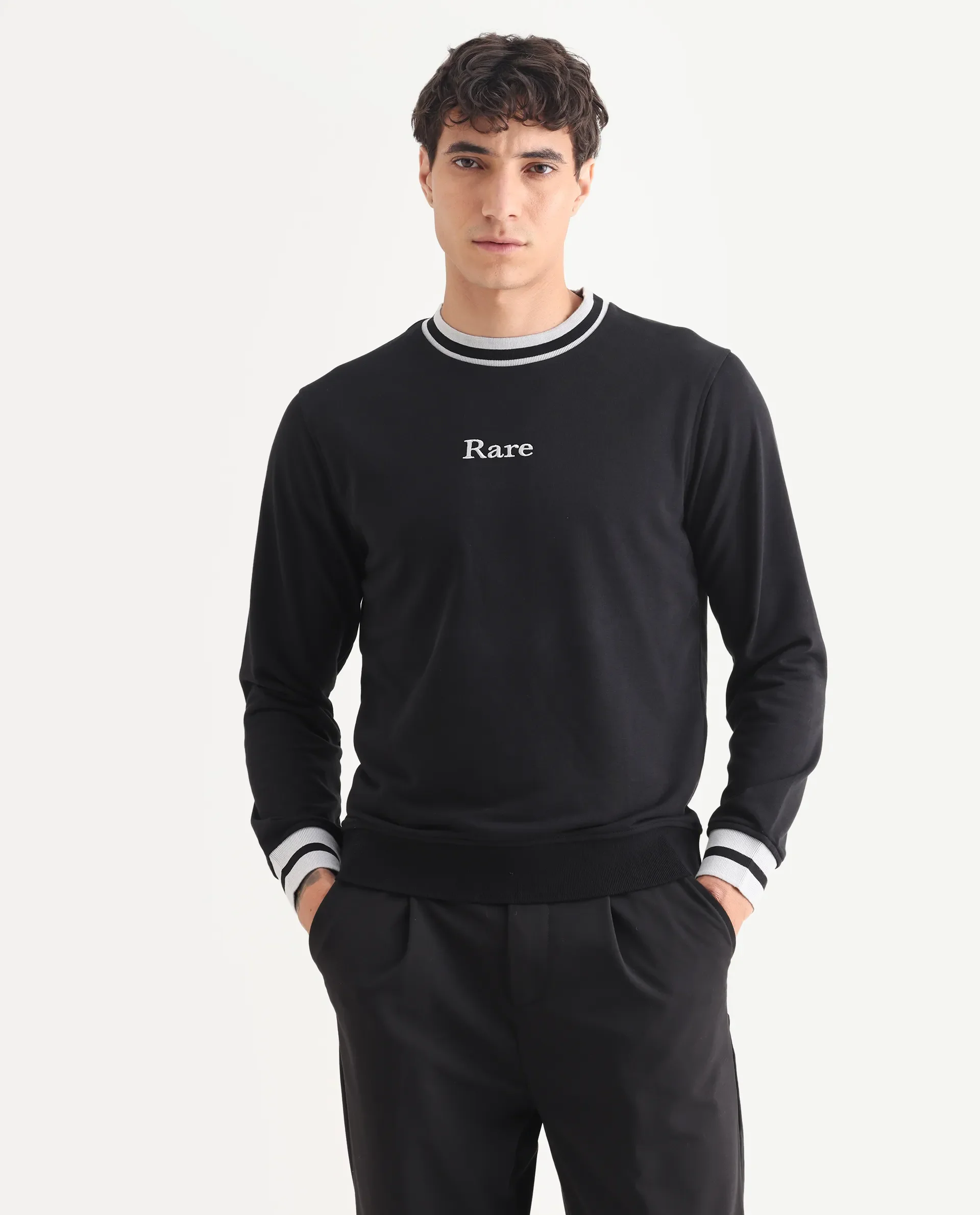 Rare Rabbit Men's Cancet Black Cotton Plain Regular Fit Full Sleeve Crew Neck Sweatshirt - Image 3