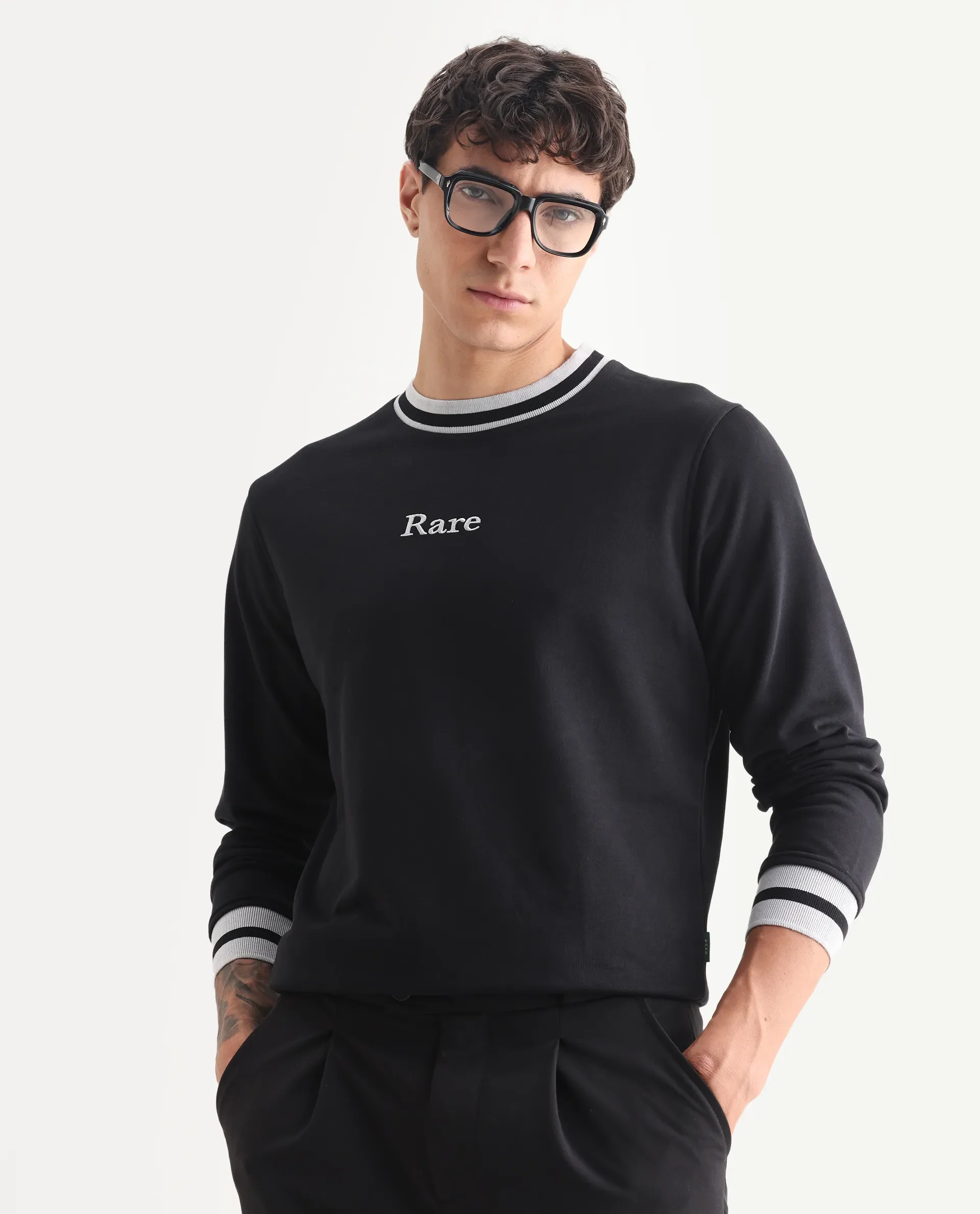 Rare Rabbit Men's Cancet Black Cotton Plain Regular Fit Full Sleeve Crew Neck Sweatshirt - Image 4