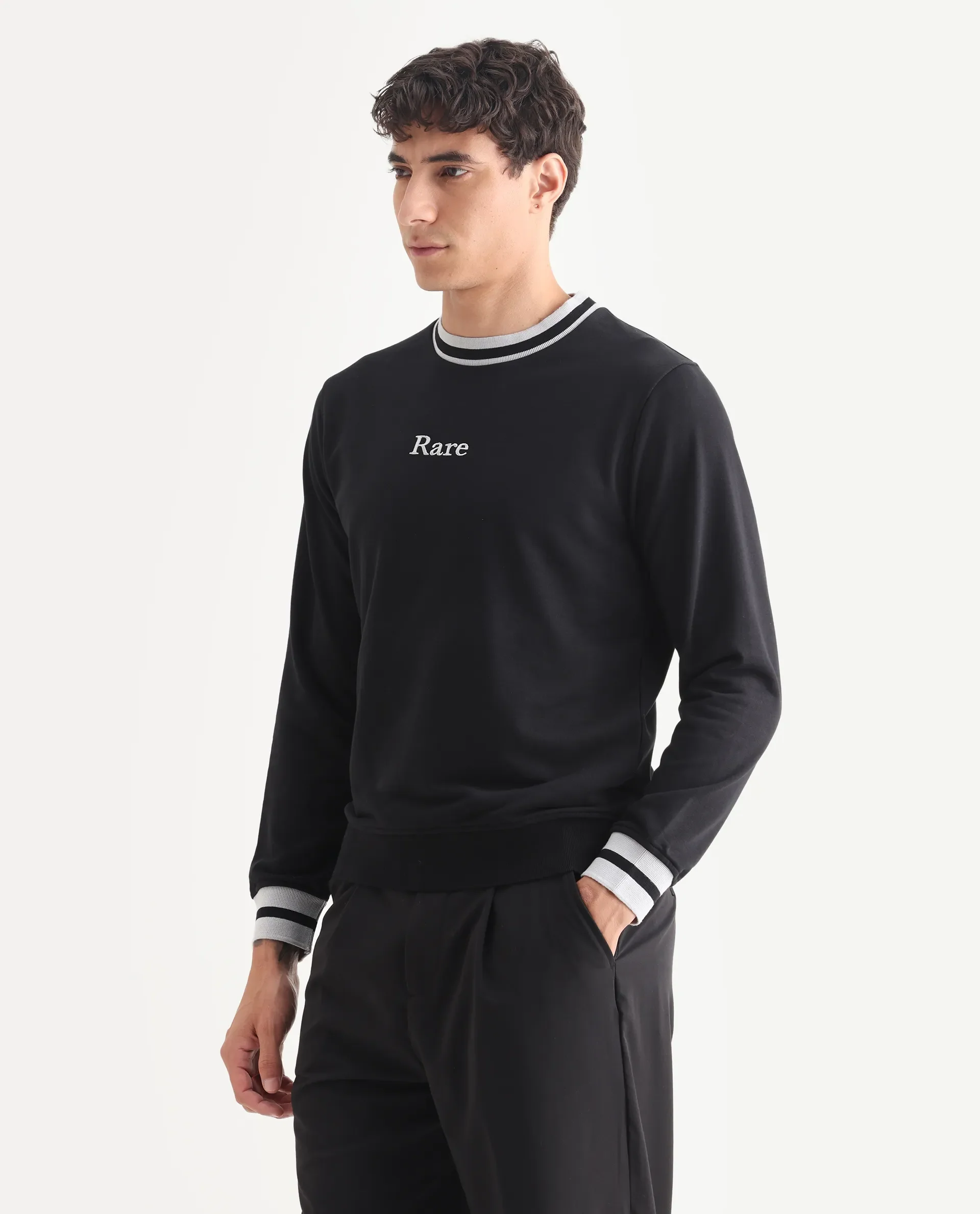 Rare Rabbit Men's Cancet Black Cotton Plain Regular Fit Full Sleeve Crew Neck Sweatshirt - Image 5
