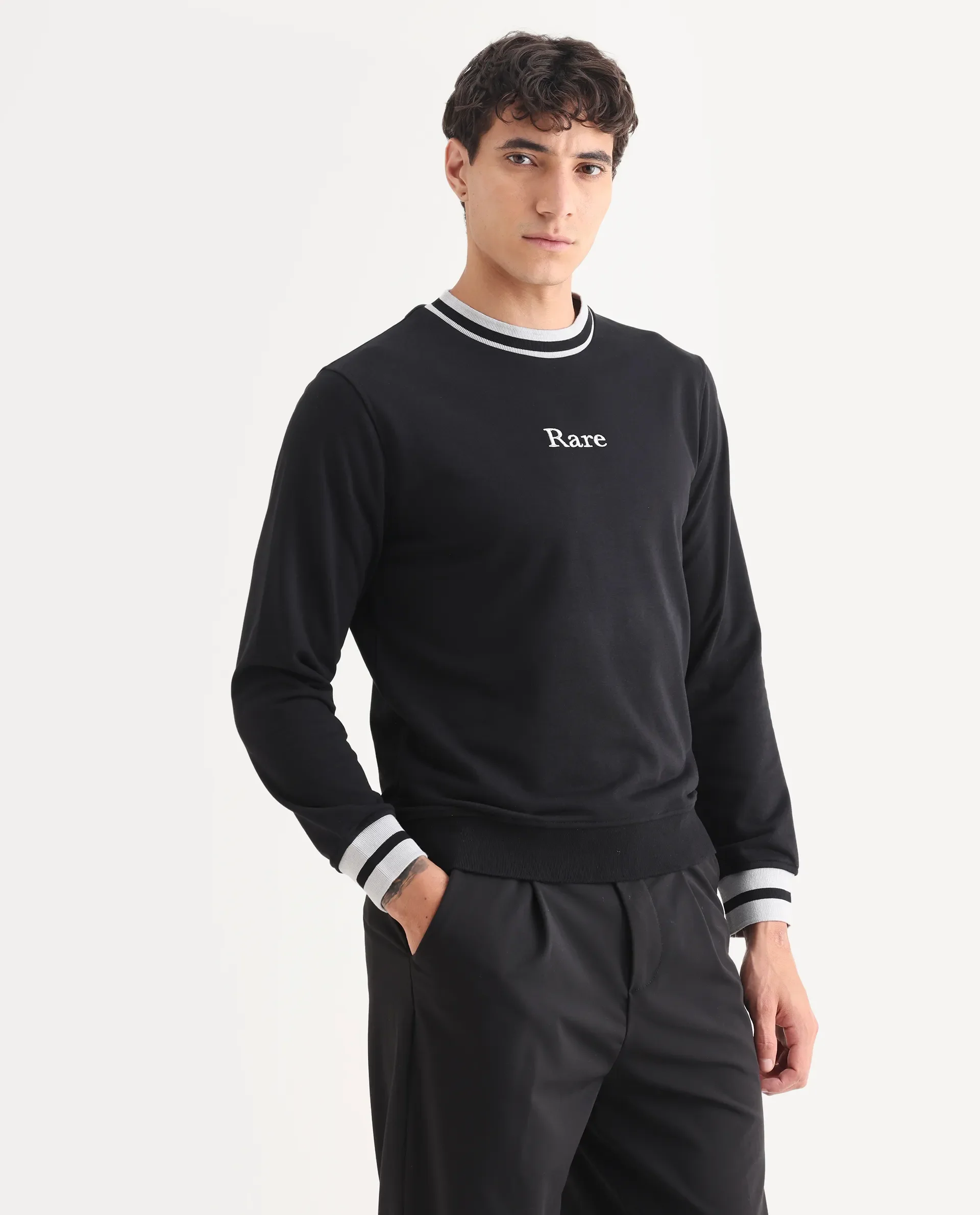 Rare Rabbit Men's Cancet Black Cotton Plain Regular Fit Full Sleeve Crew Neck Sweatshirt - Image 6