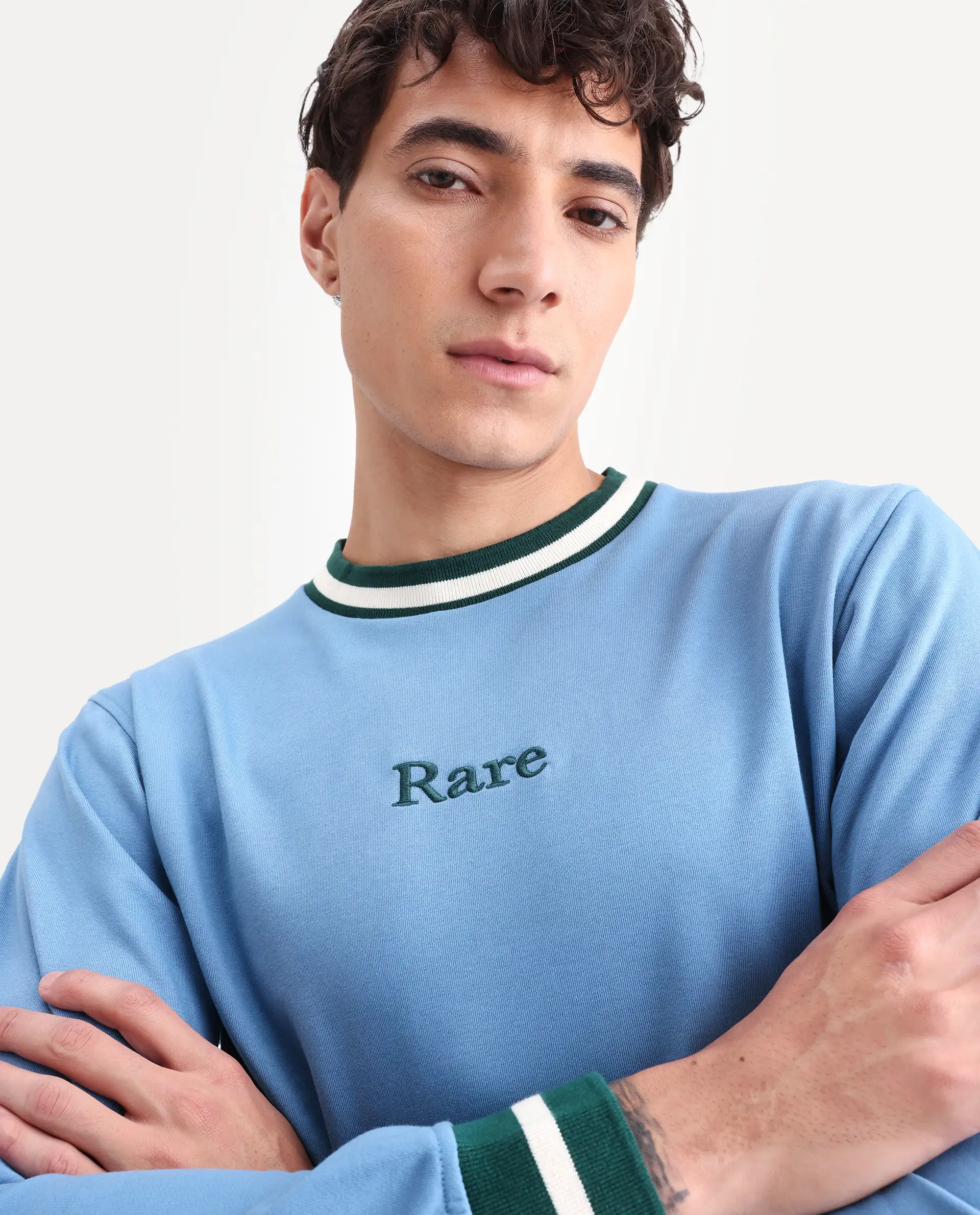 Rare Rabbit Men's Cancet Light Blue Cotton Plain Regular Fit Full Sleeve Crew Neck Sweatshirt
