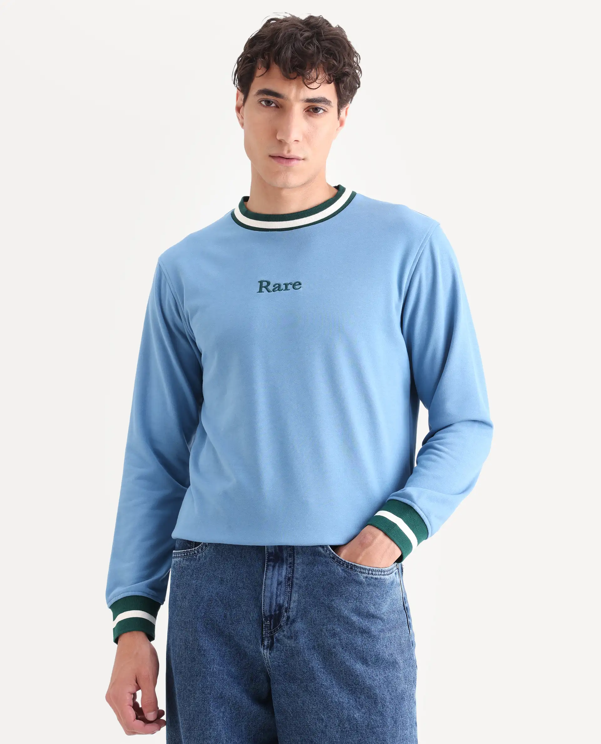 Rare Rabbit Men's Cancet Light Blue Cotton Plain Regular Fit Full Sleeve Crew Neck Sweatshirt - Image 3
