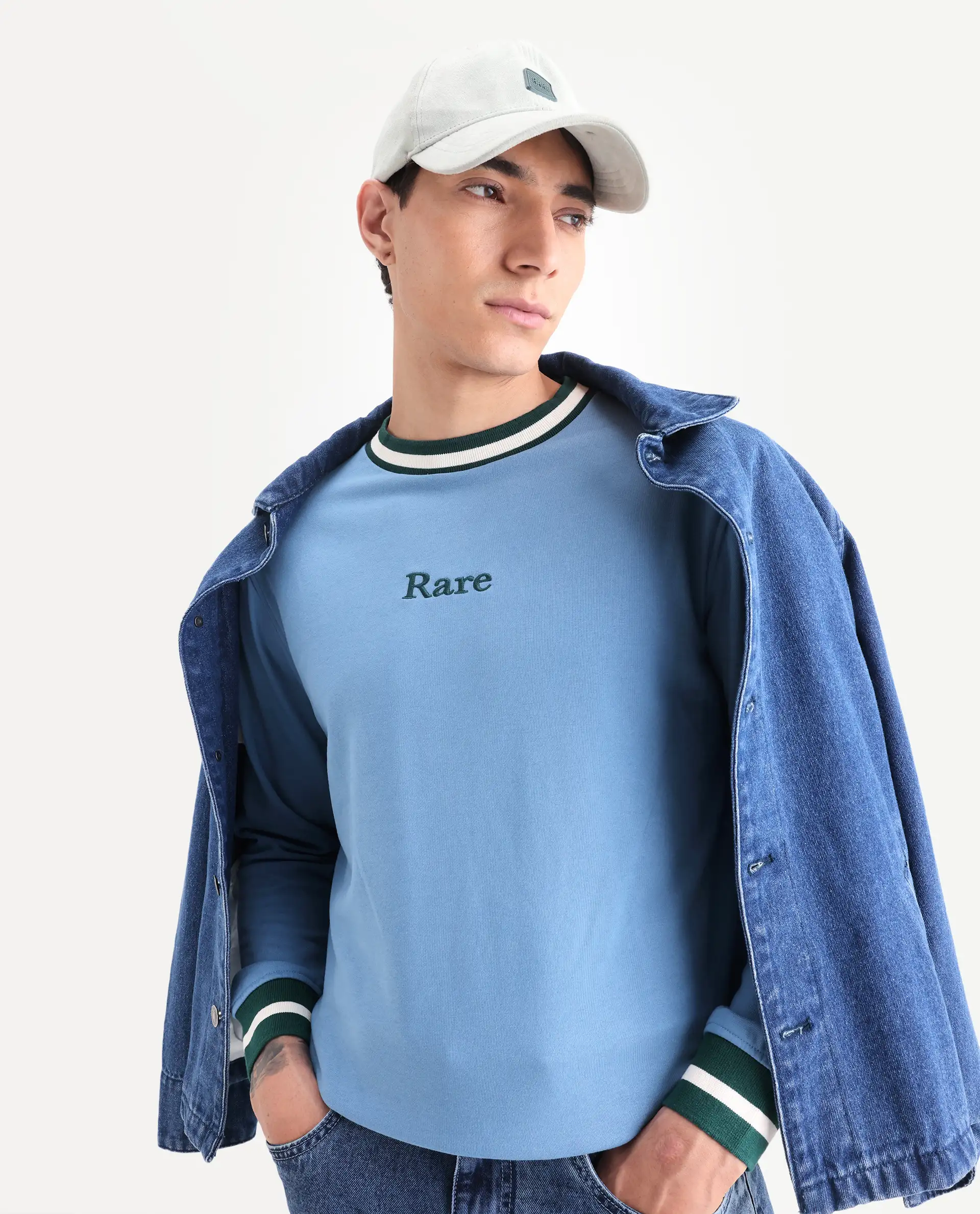 Rare Rabbit Men's Cancet Light Blue Cotton Plain Regular Fit Full Sleeve Crew Neck Sweatshirt - Image 4