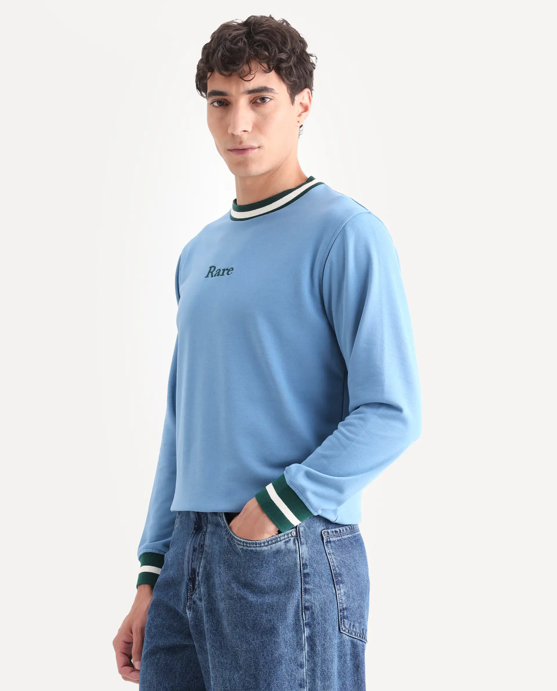 Rare Rabbit Men's Cancet Light Blue Cotton Plain Regular Fit Full Sleeve Crew Neck Sweatshirt - Image 5