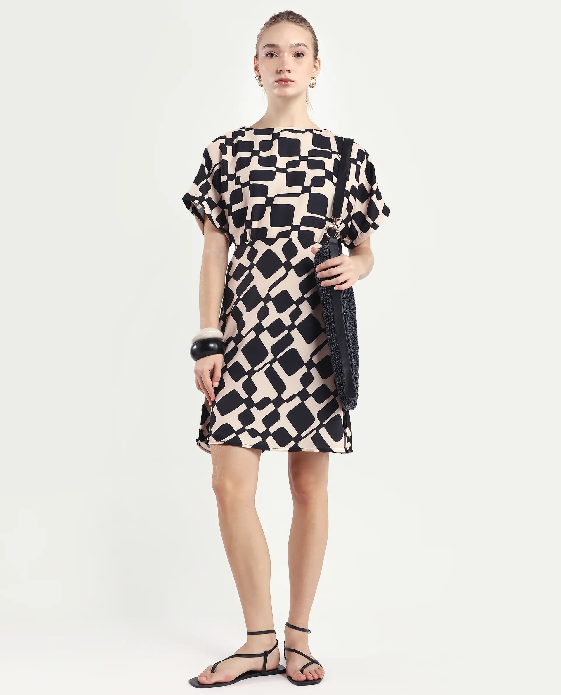 Rareism Women's Cancun Black Twill Boat Neck Geometric Print Extended Sleeves Mini Straight Fit Dress