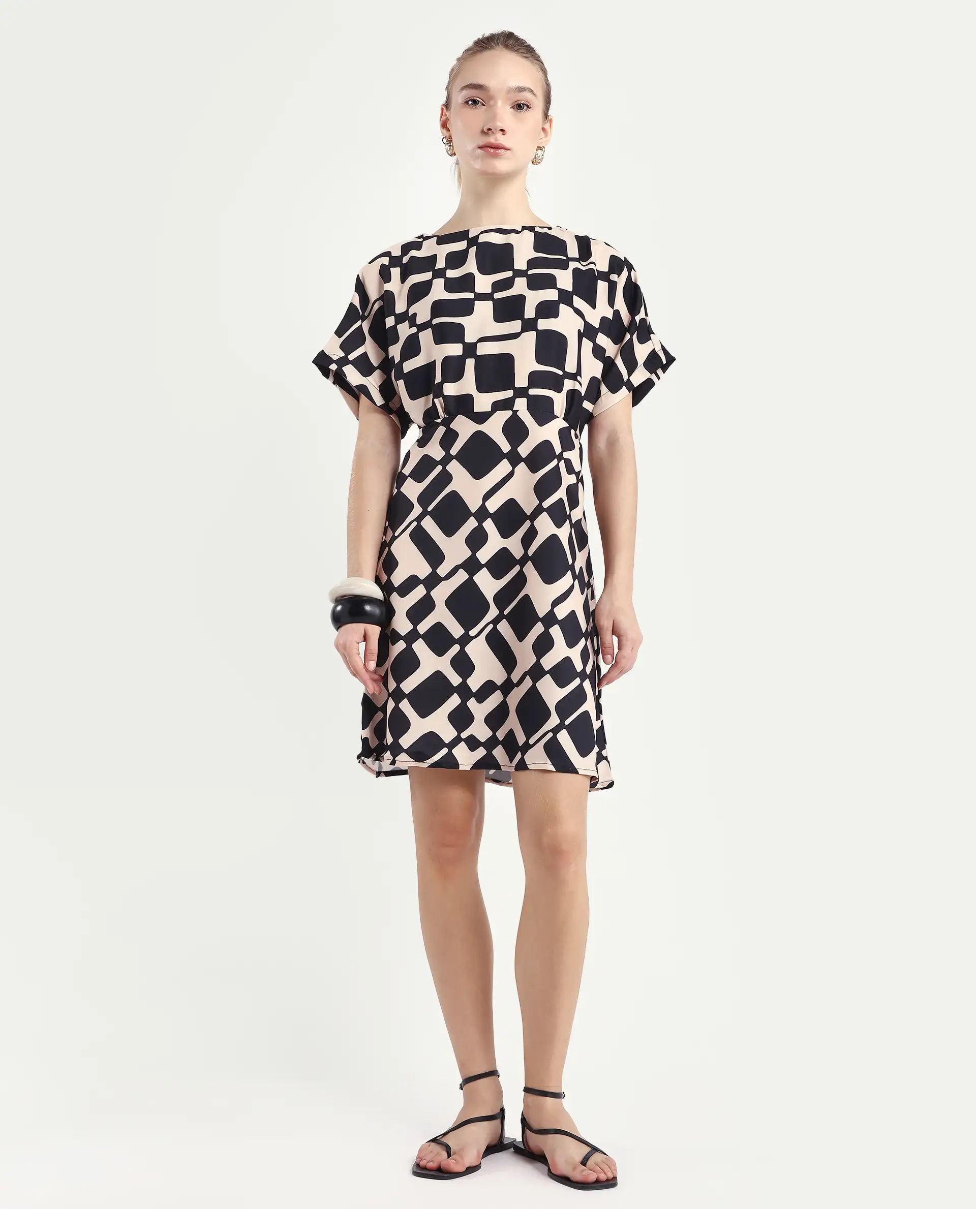Rareism Women's Cancun Black Twill Boat Neck Geometric Print Extended Sleeves Mini Straight Fit Dress - Image 2