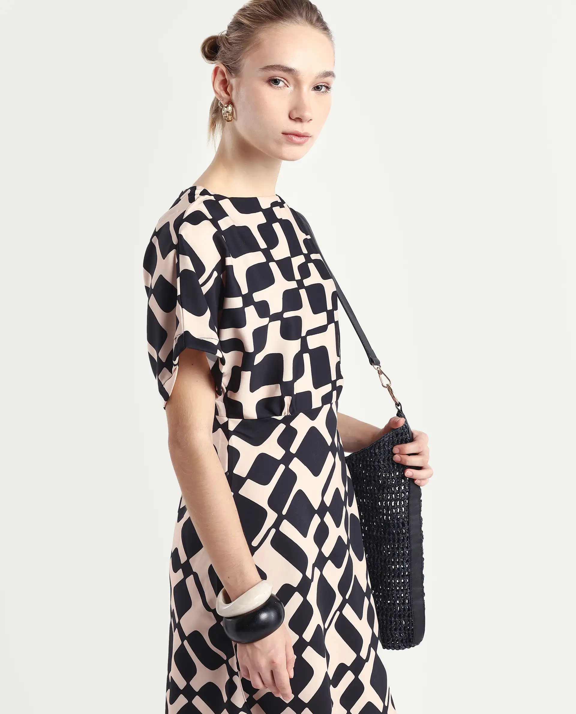 Rareism Women's Cancun Black Twill Boat Neck Geometric Print Extended Sleeves Mini Straight Fit Dress - Image 4