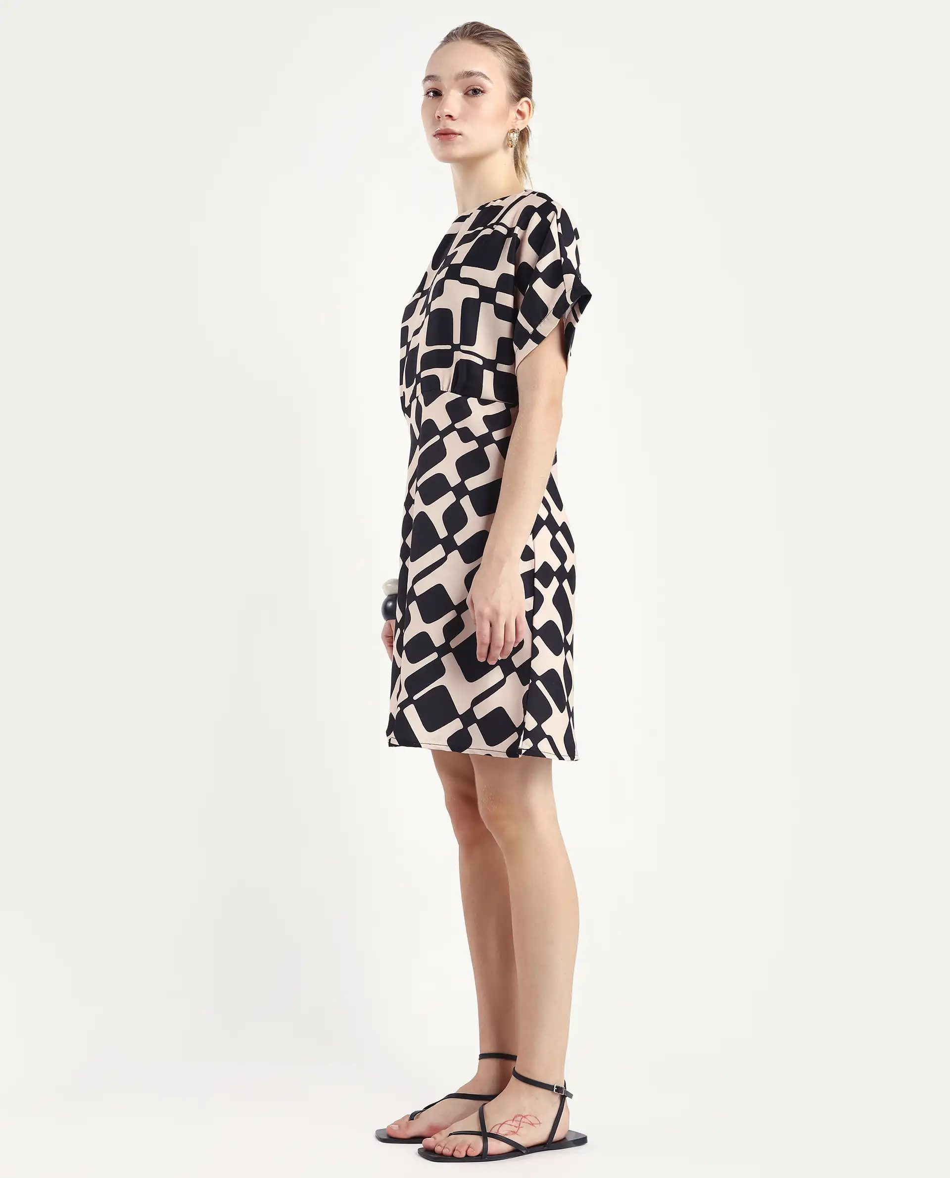 Rareism Women's Cancun Black Twill Boat Neck Geometric Print Extended Sleeves Mini Straight Fit Dress - Image 5