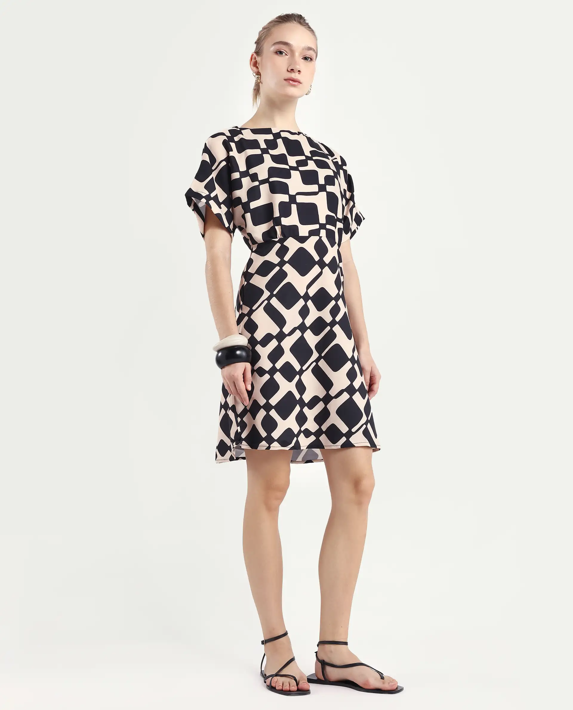 Rareism Women's Cancun Black Twill Boat Neck Geometric Print Extended Sleeves Mini Straight Fit Dress - Image 6