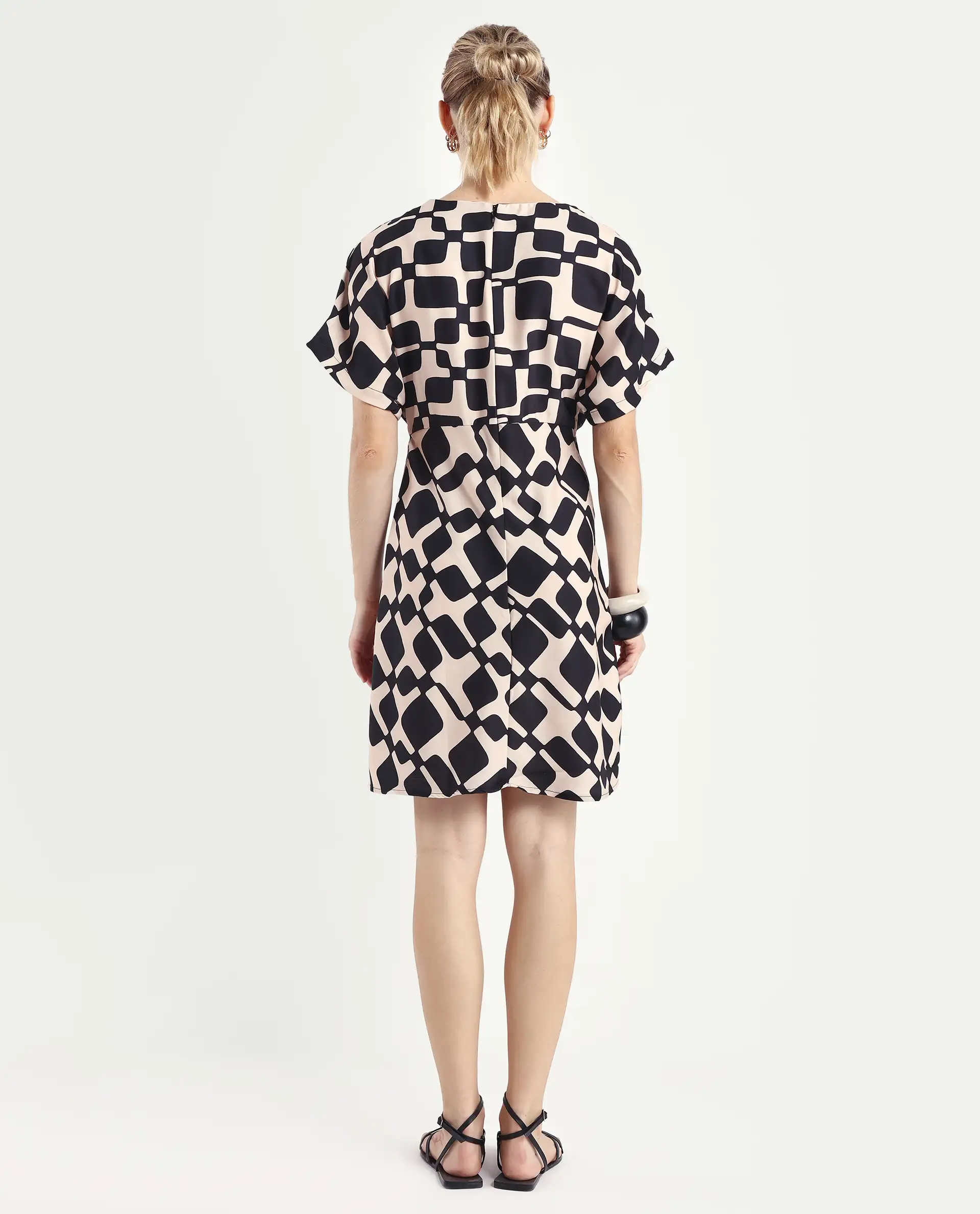 Rareism Women's Cancun Black Twill Boat Neck Geometric Print Extended Sleeves Mini Straight Fit Dress - Image 7