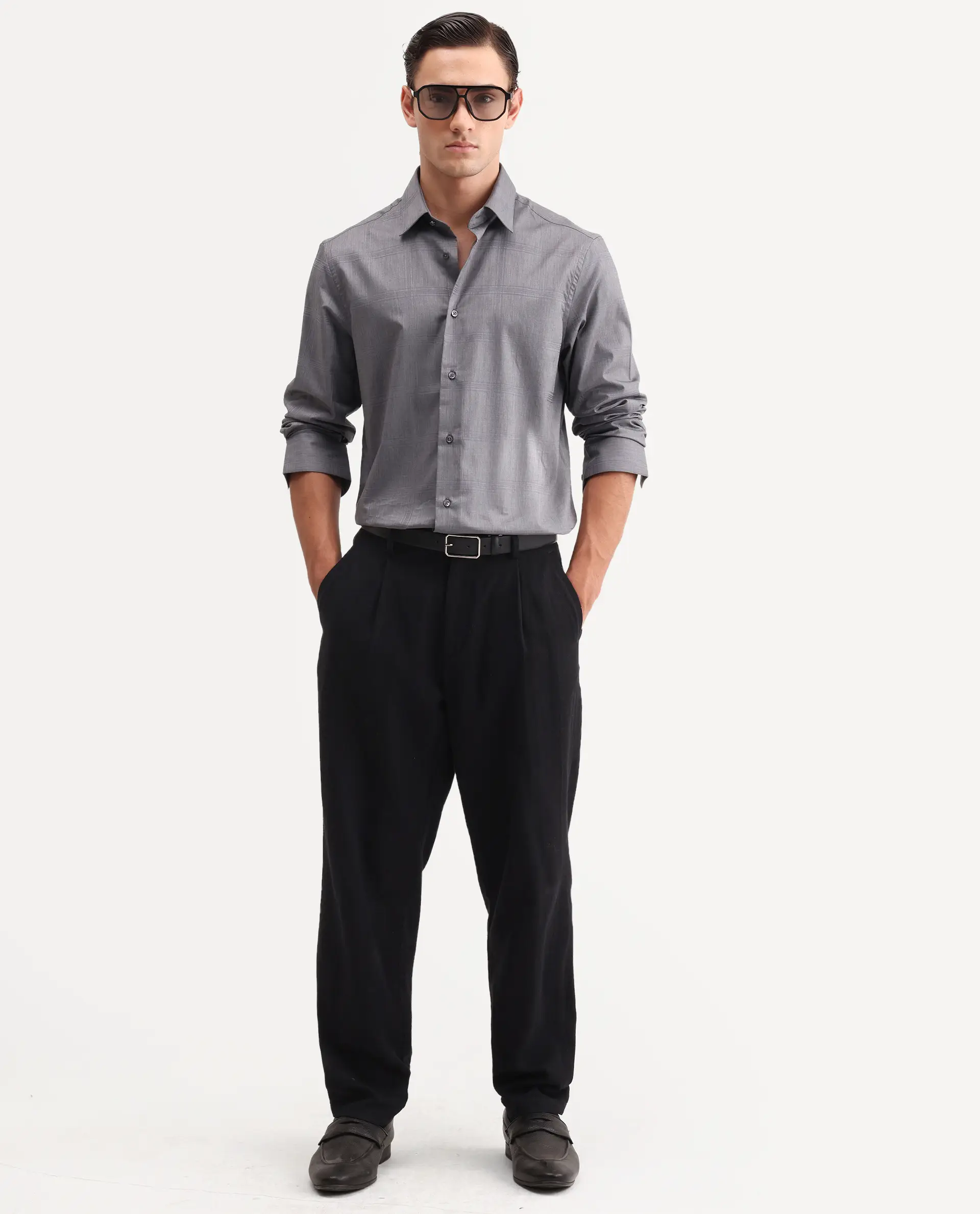 Rare Rabbit Men's Canda Grey Cotton Fabric Full Sleeve Spread Collar Button Regular Plain Shirt - Image 2