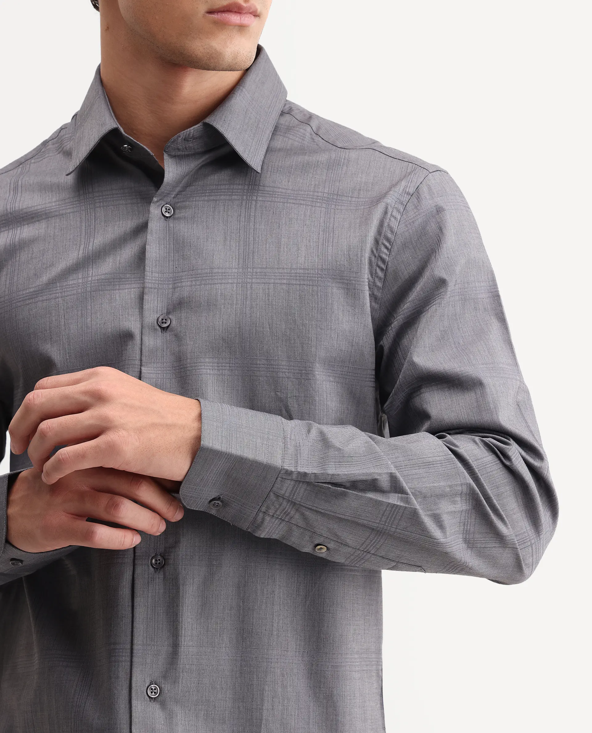 Rare Rabbit Men's Canda Grey Cotton Fabric Full Sleeve Spread Collar Button Regular Plain Shirt - Image 3