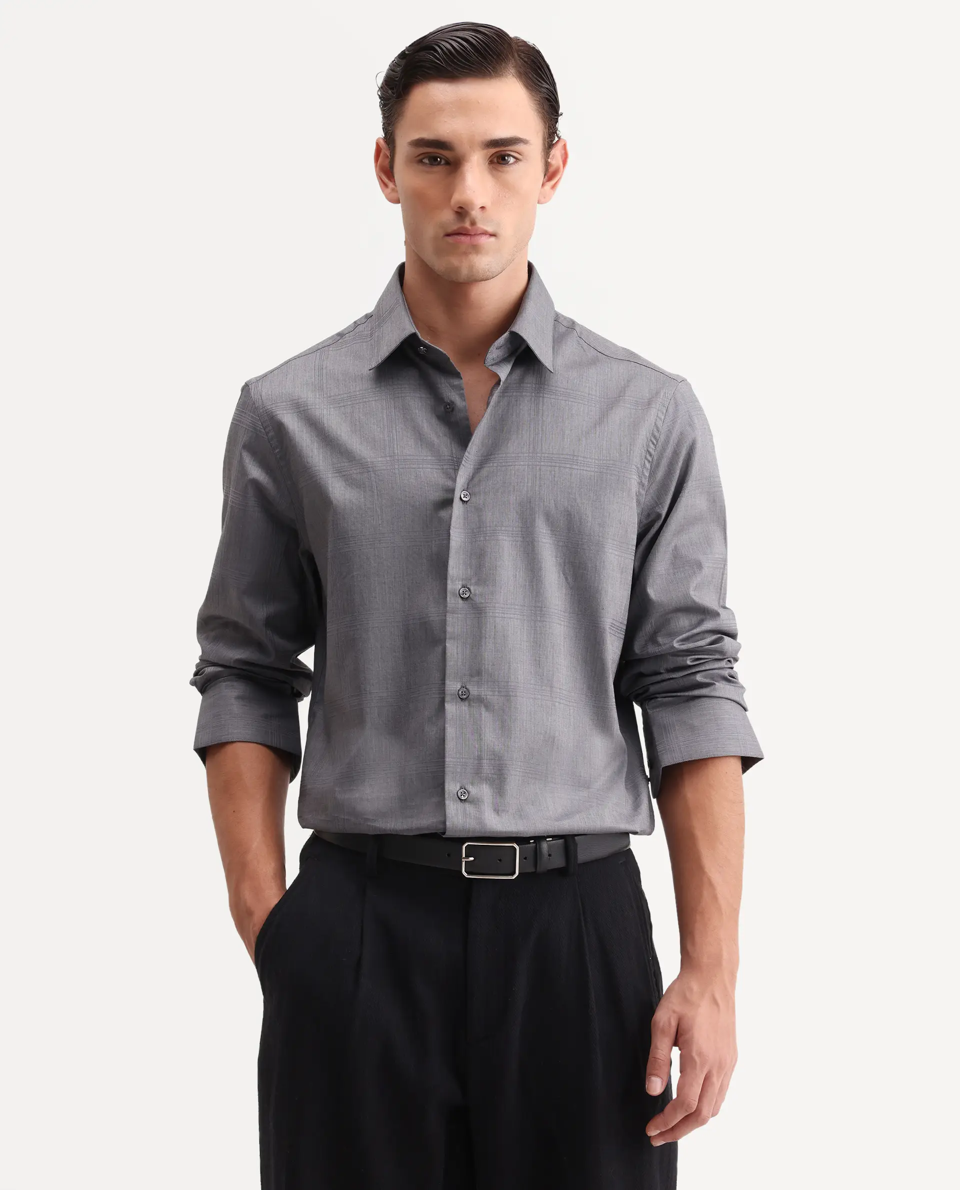 Rare Rabbit Men's Canda Grey Cotton Fabric Full Sleeve Spread Collar Button Regular Plain Shirt - Image 4