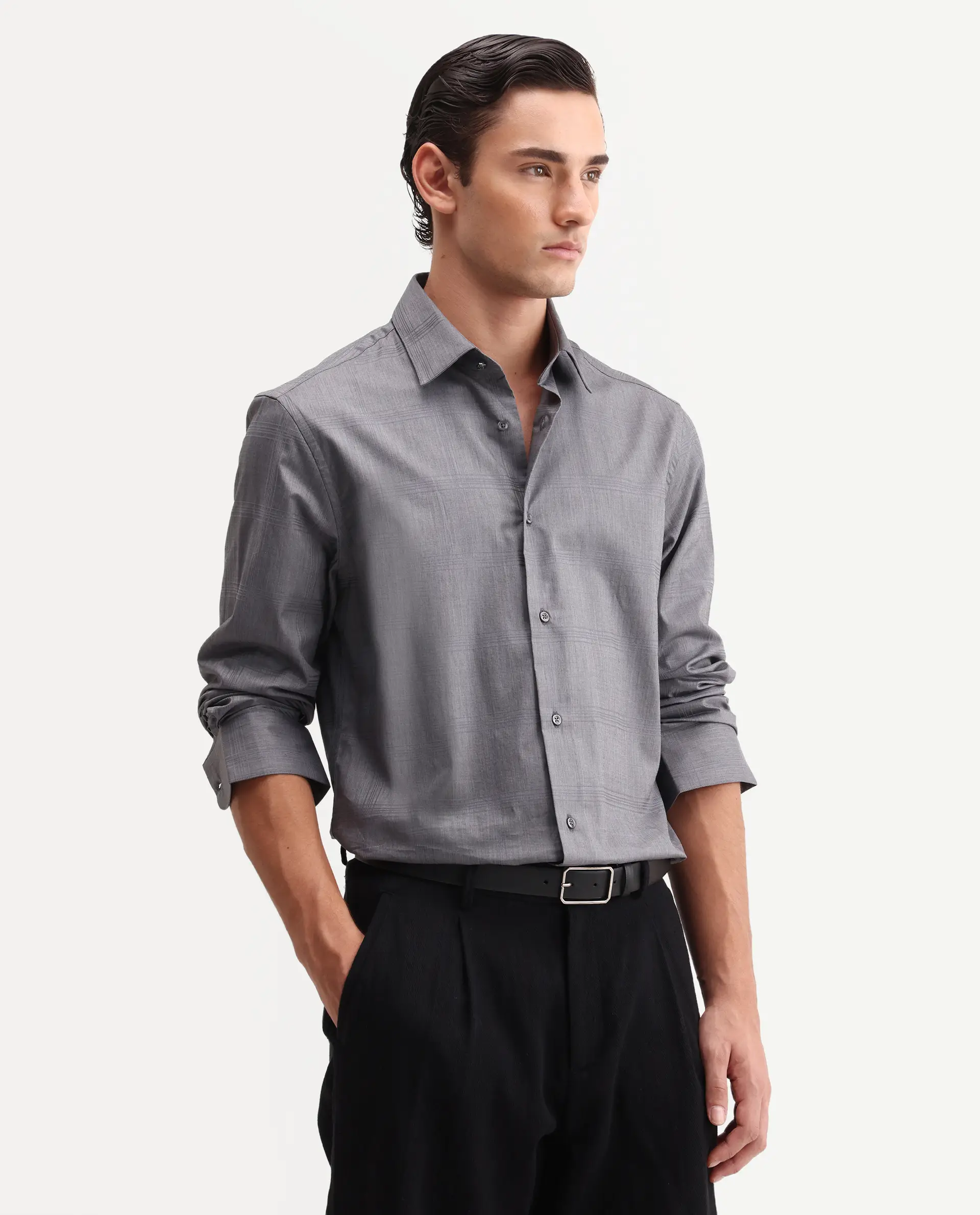 Rare Rabbit Men's Canda Grey Cotton Fabric Full Sleeve Spread Collar Button Regular Plain Shirt - Image 5