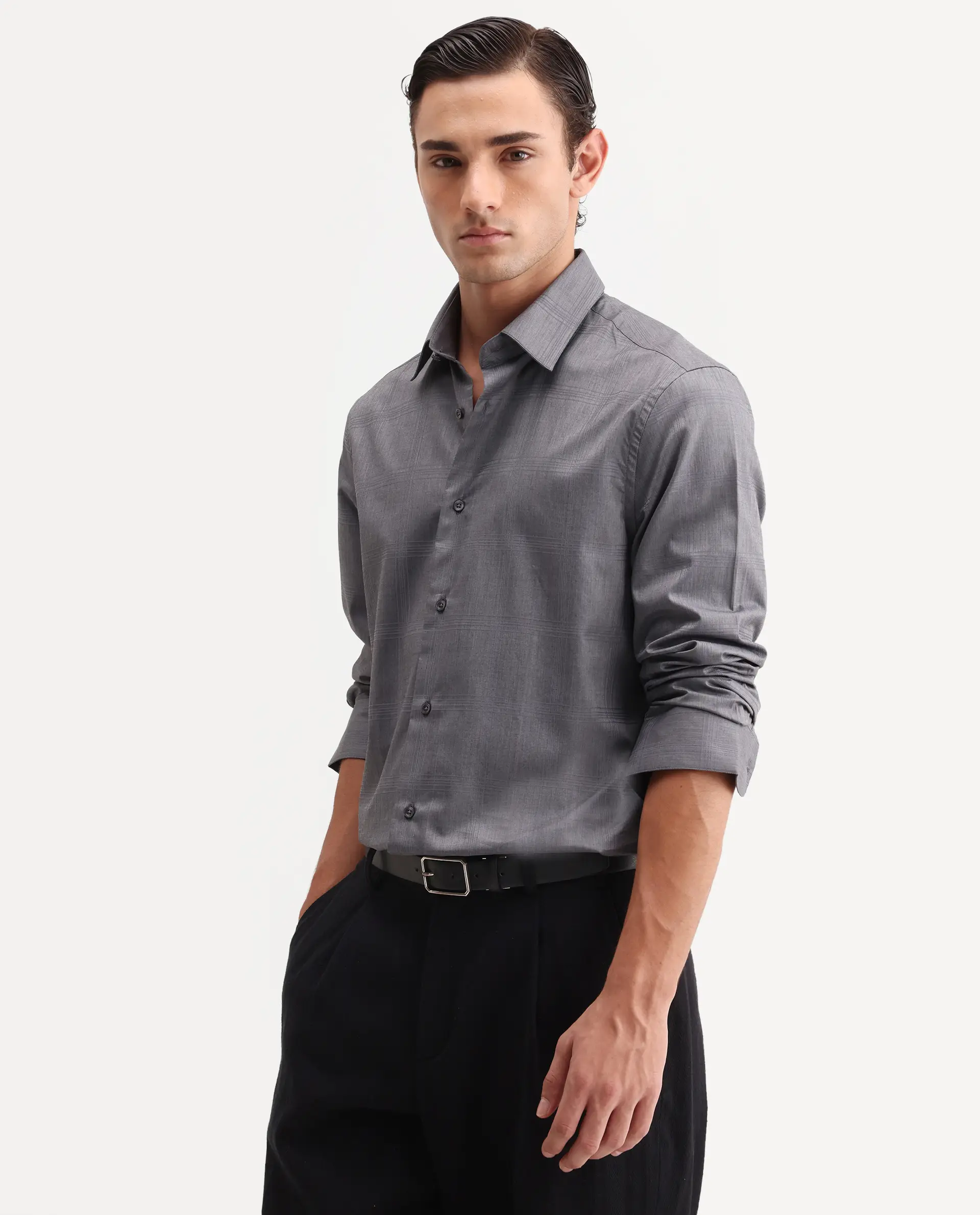 Rare Rabbit Men's Canda Grey Cotton Fabric Full Sleeve Spread Collar Button Regular Plain Shirt - Image 6