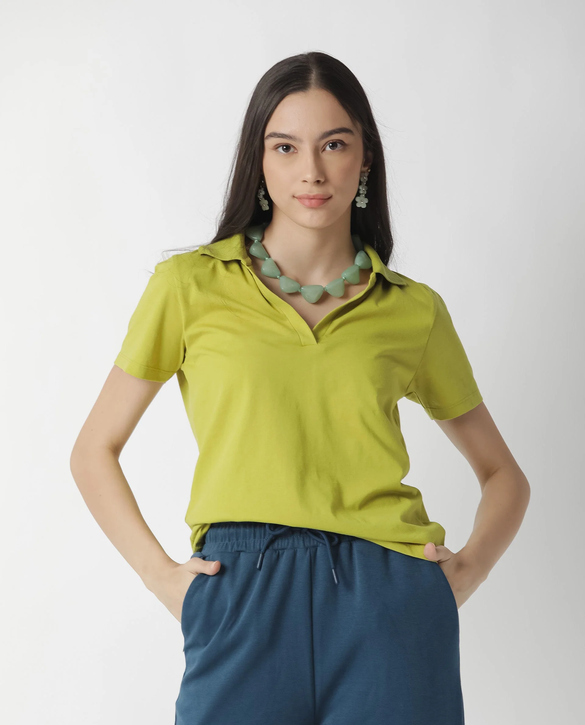 Rareism Womens Candid Green Polo Cotton Fabric Regular Fit Half Sleeve Collared Neck - Image 3