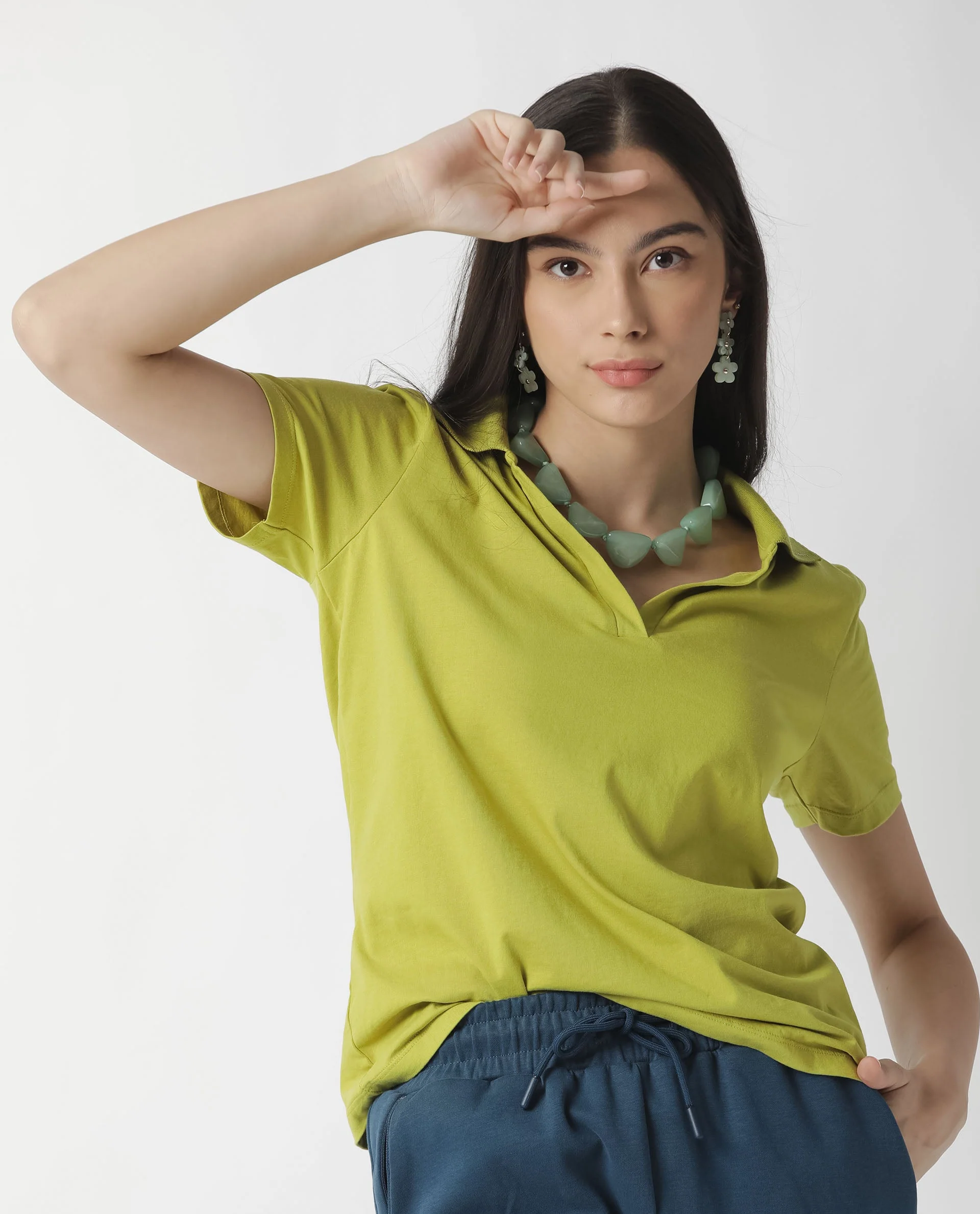 Rareism Womens Candid Green Polo Cotton Fabric Regular Fit Half Sleeve Collared Neck - Image 5