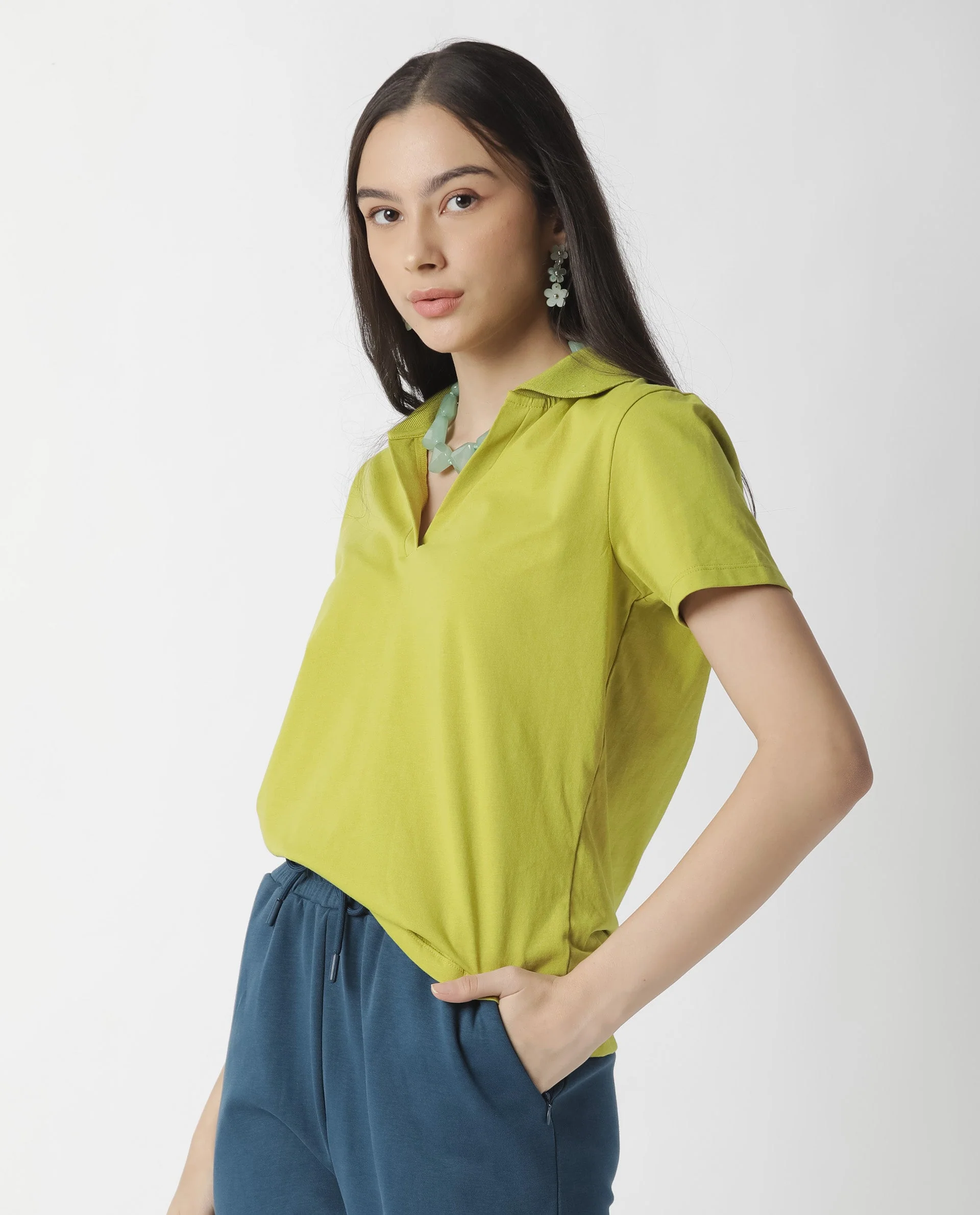 Rareism Womens Candid Green Polo Cotton Fabric Regular Fit Half Sleeve Collared Neck - Image 6