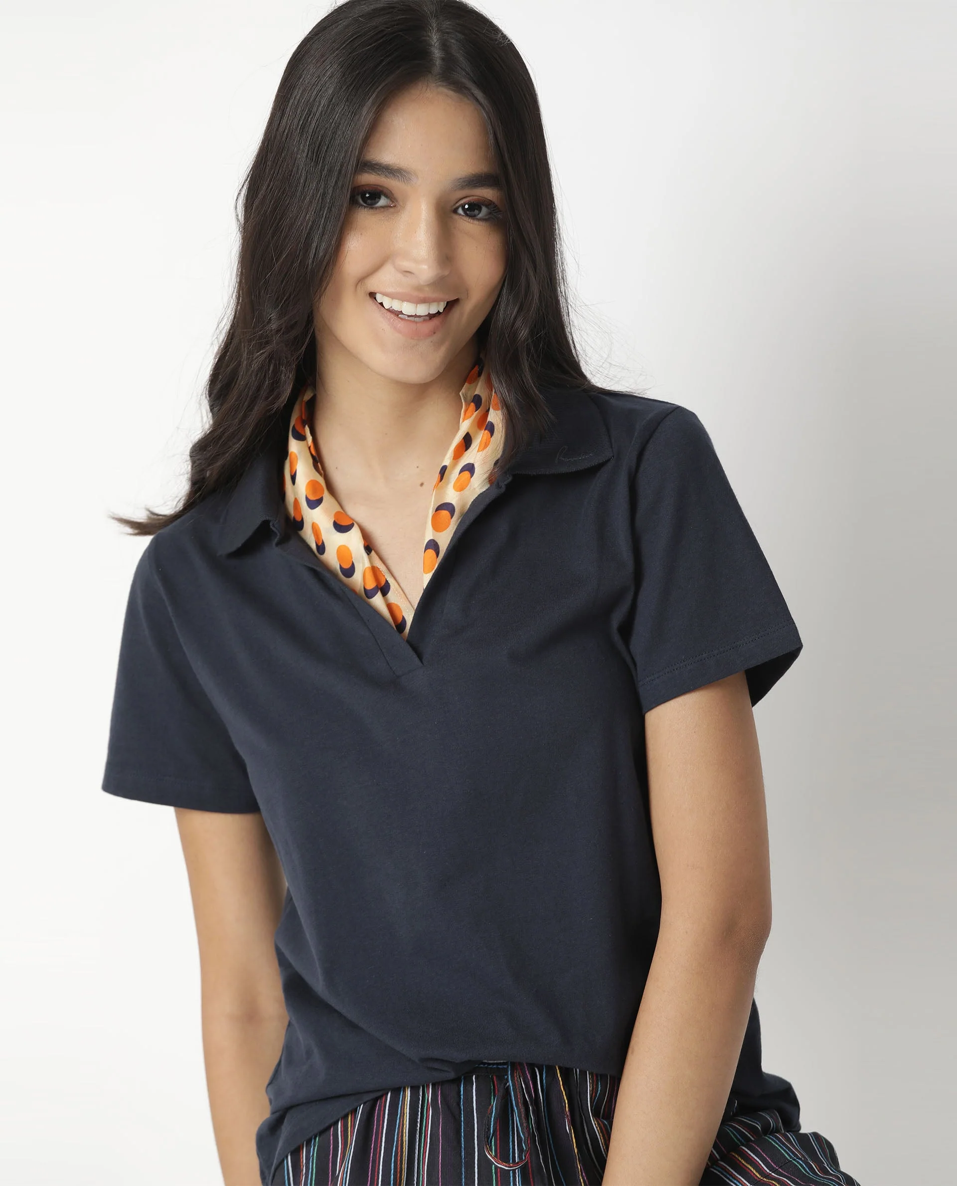 Rareism Womens Candid Navy Polo Cotton Fabric Regular Fit Half Sleeve Collared Neck
