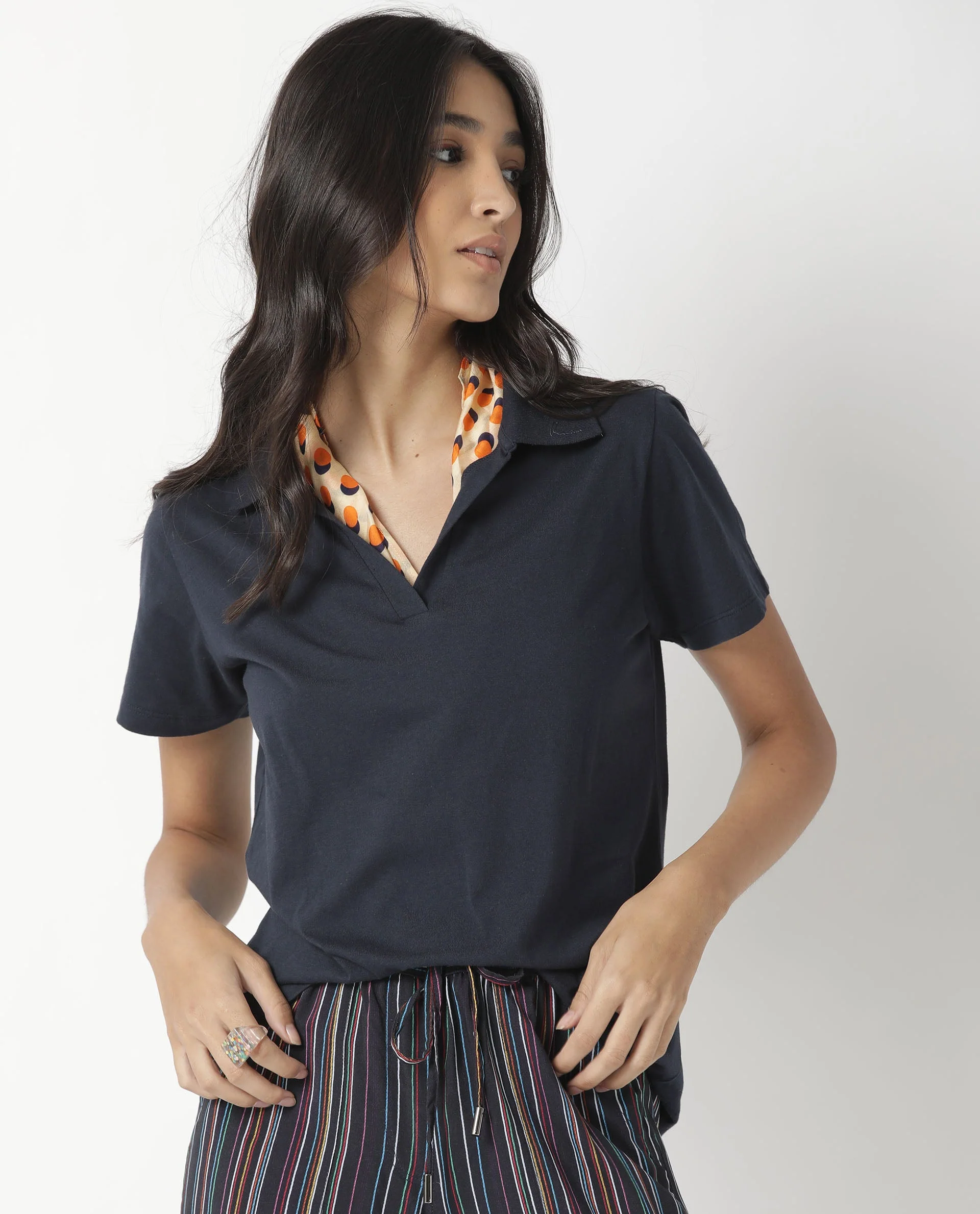 Rareism Womens Candid Navy Polo Cotton Fabric Regular Fit Half Sleeve Collared Neck - Image 8