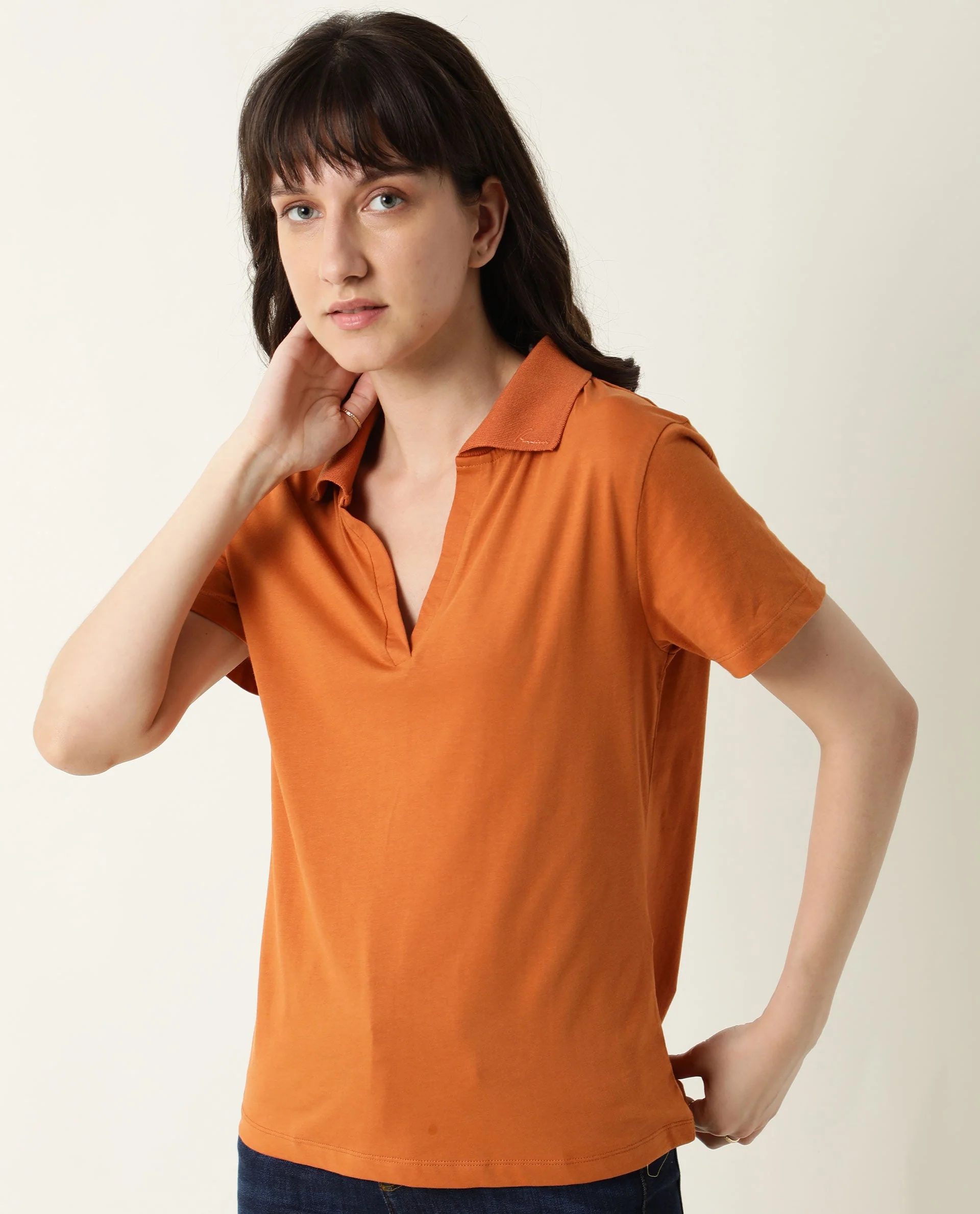 Rareism Womens Candid Orange Polo Cotton Fabric Regular Fit Half Sleeve Collared Neck - Image 2