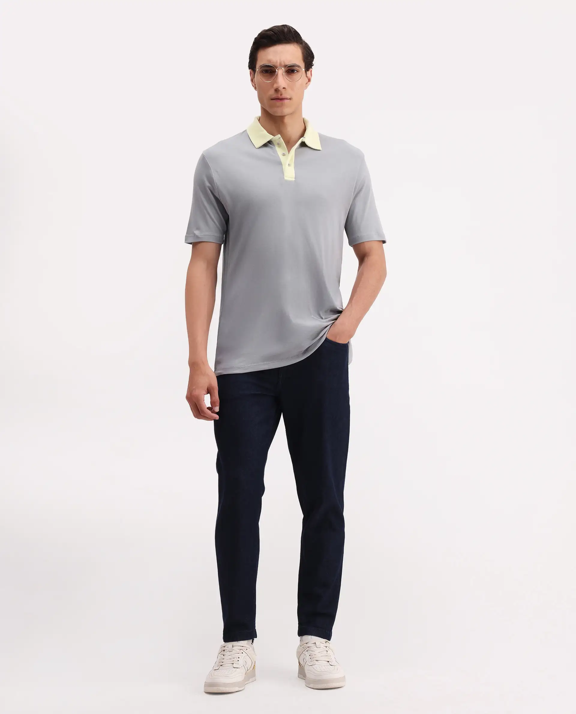 Rare Rabbit Men's Canot Grey Cotton Plain Regular Fit Half Sleeve Polo - Image 2
